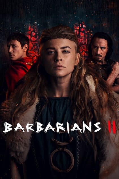 Three serious-looking people in ancient clothing stand against a dark, dramatic background. The central figure wears a fur cloak. Barbarians and a red II are displayed at the bottom, highlighting an epic saga you won’t want to miss—especially when you purchase IPTV for seamless streaming of this captivating series.