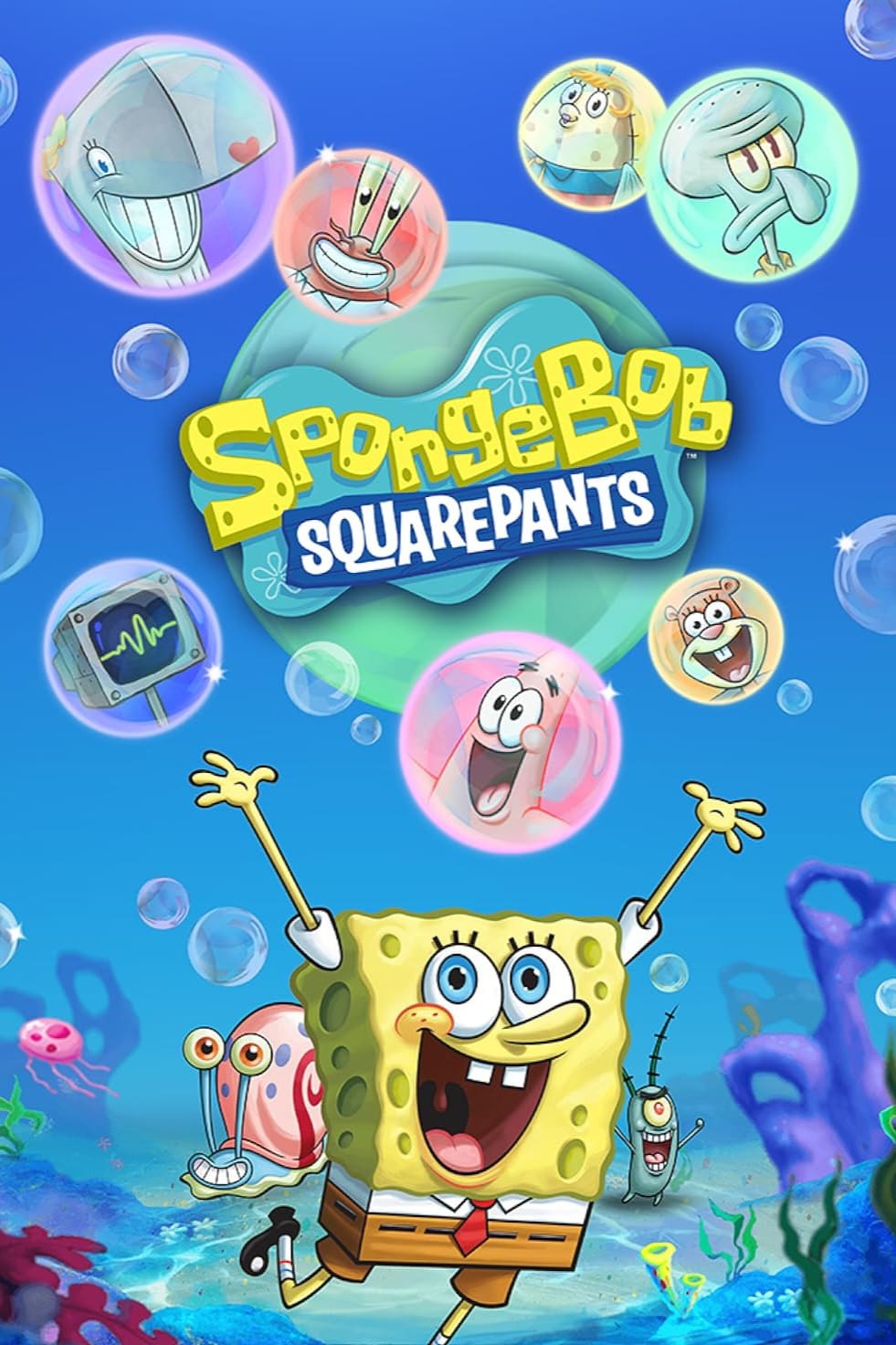 SpongeBob SquarePants smiles joyfully underwater with arms raised, surrounded by bubbles featuring characters like Patrick, Squidward, Mr. Krabs, Plankton, and Sandy. The colorful SpongeBob SquarePants logo is in the center—perfect for fans looking to capture the fun when they purchase IPTV and stream their favorite episodes anytime.