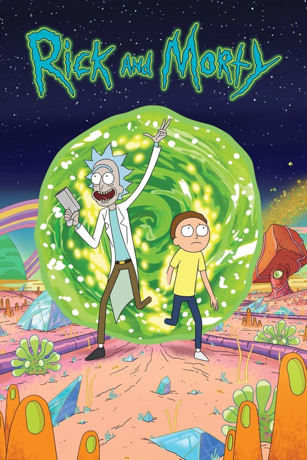 Rick, an older man with spiky blue hair, and Morty, a nervous boy, stand in front of a glowing green portal in an alien landscape filled with colorful plants and crystals. The “Rick and Morty” logo is at the top—perfect for fans looking to purchase IPTV and dive deeper into their wildest adventures.