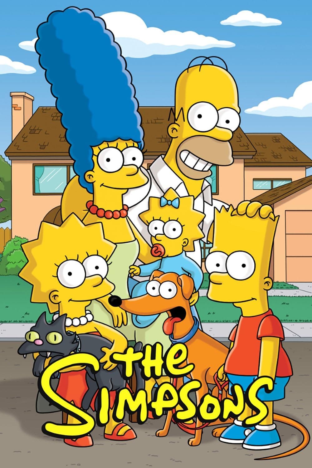 The Simpsons family—Marge, Homer, Maggie, Lisa (holding a cat), and Bart (with a dog)—stand smiling together in front of their house with The Simpsons logo at the bottom, capturing the perfect scene for fans looking to purchase IPTV and enjoy their favorite episodes anytime.