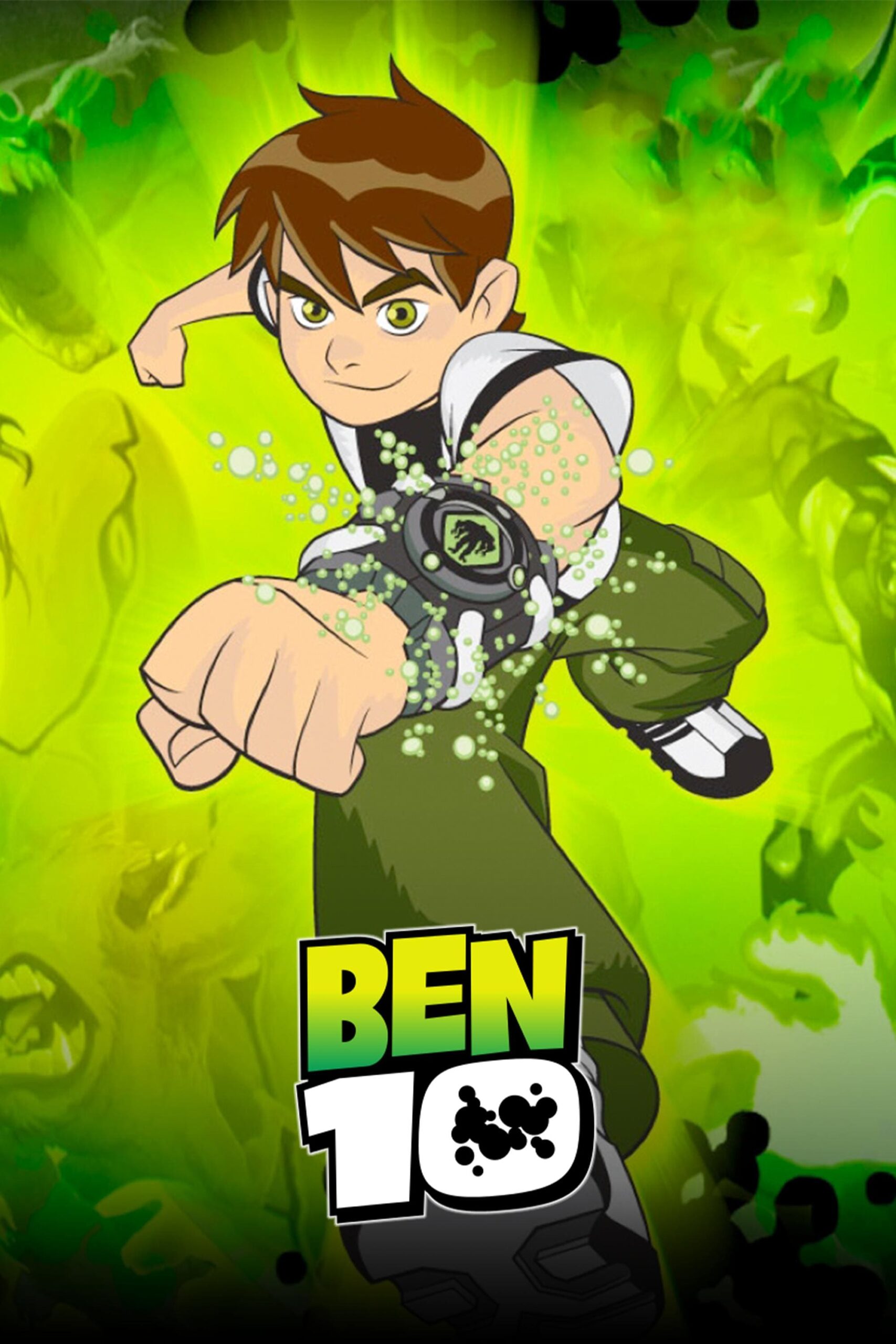 Animated boy in green and white clothing punches forward, wearing a glowing watch. Green energy surrounds him as the “Ben 10” logo sits at the bottom. The background features abstract green shapes and faces, evoking the excitement you’ll feel when you purchase IPTV for endless cartoon adventures.