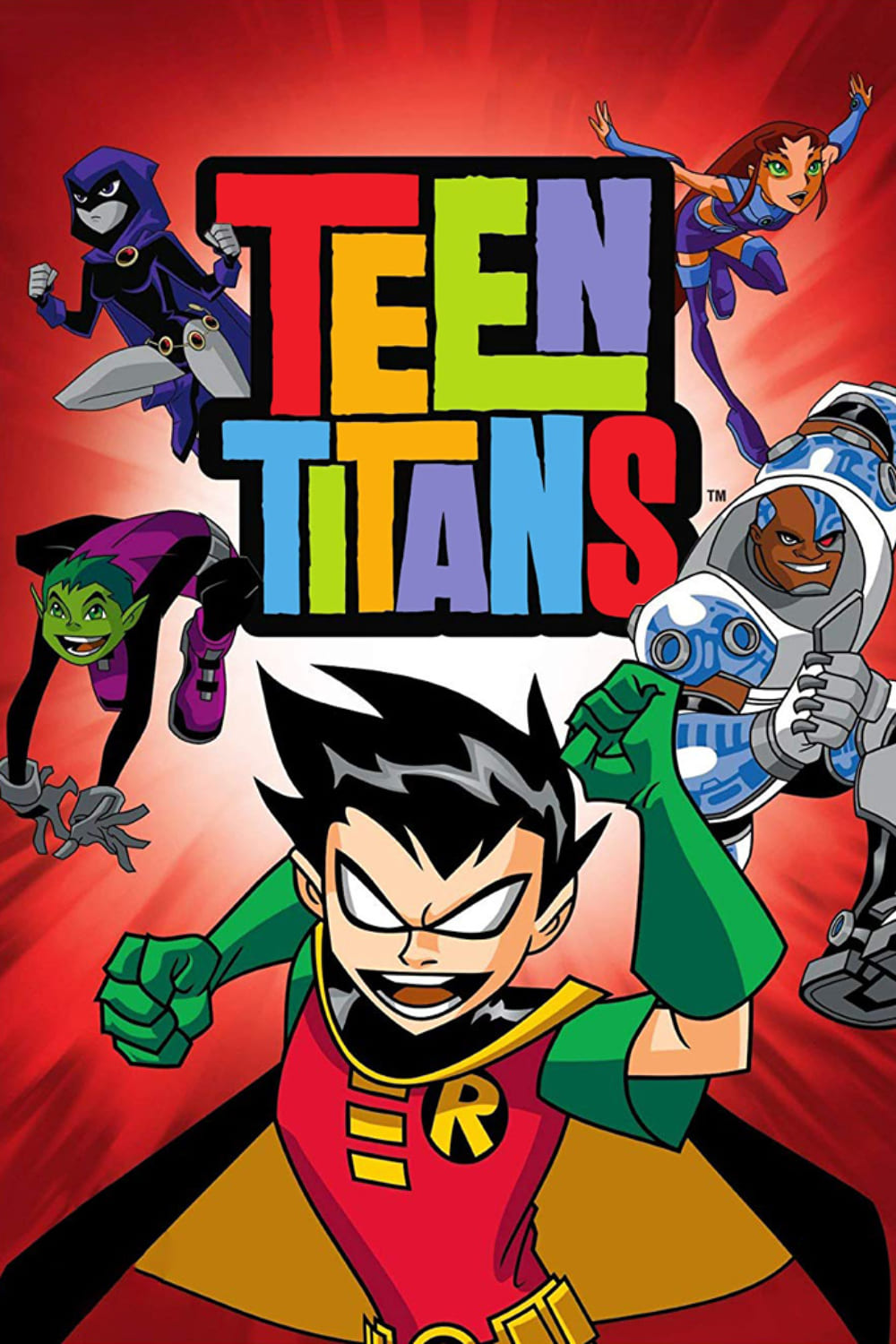 Five animated superheroes pose around the colorful “Teen Titans” logo on a red background. Characters include Robin (front), Cyborg, Starfire, Raven, and Beast Boy—ready for action as if just leaping from your screen when you purchase IPTV to enjoy their adventures anytime.