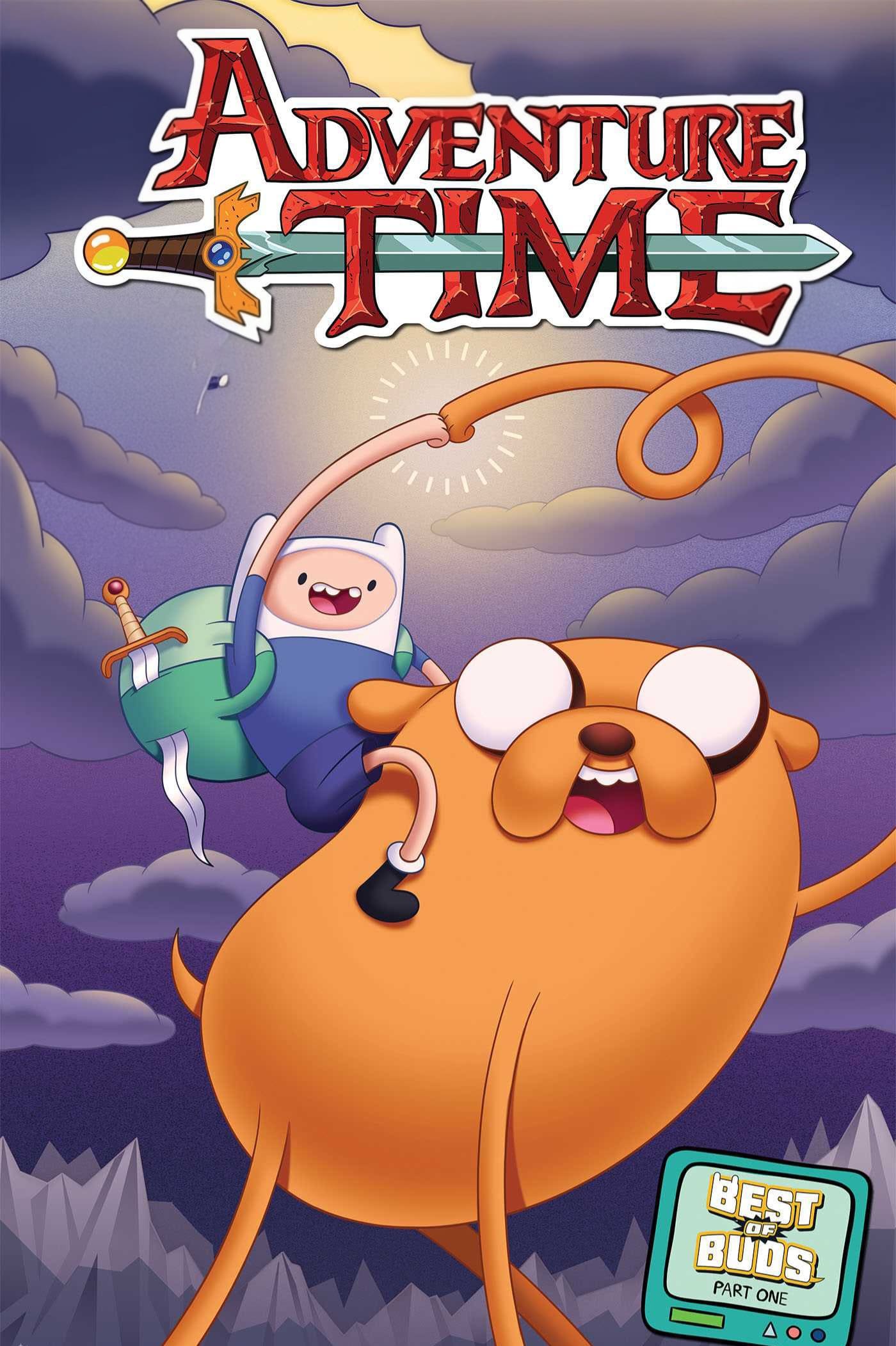 Finn with a sword rides on Jake, who stretches his arm, against a mountain landscape. The Adventure Time logo appears at the top, with a Best Buds Part One label in the bottom right corner. Relive this iconic scene and easily watch every episode when you purchase IPTV for uninterrupted streaming.