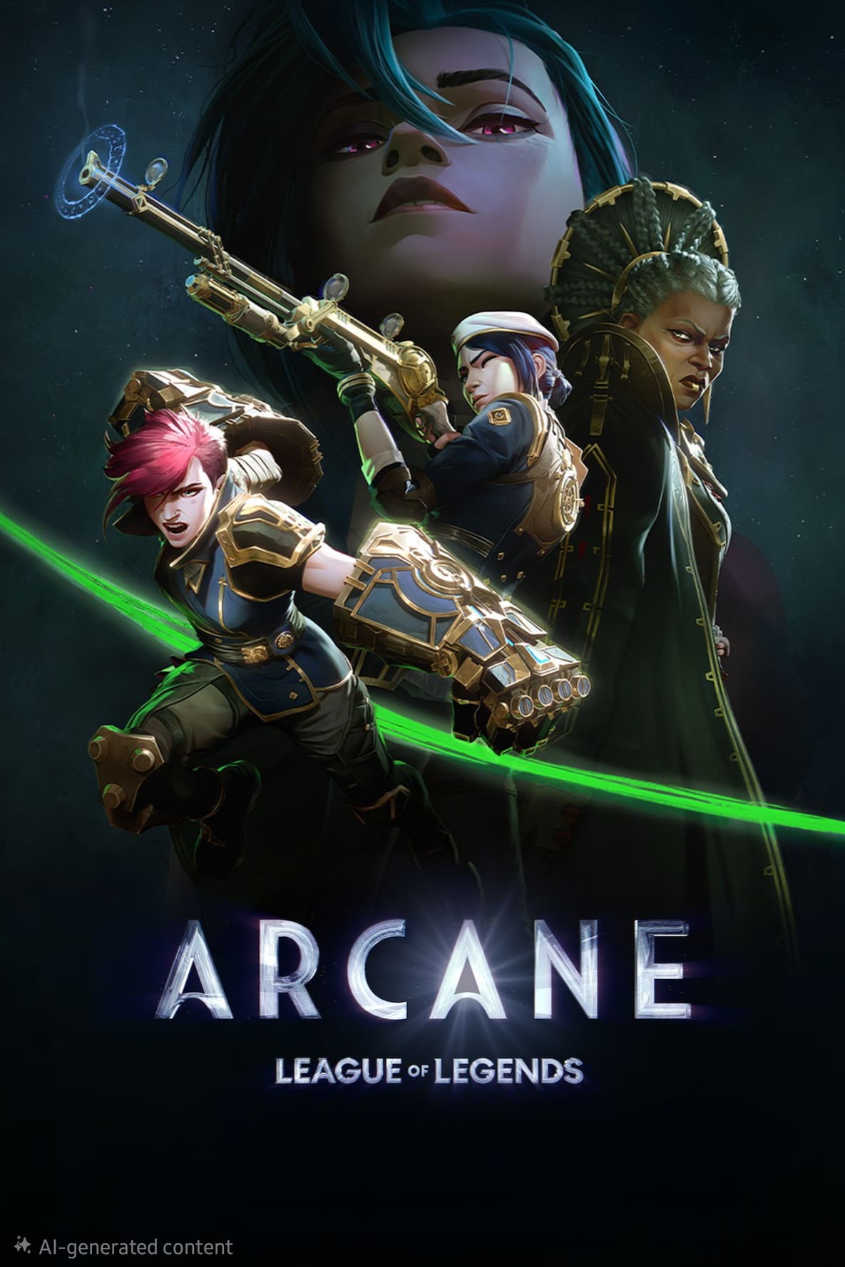 Three characters in dynamic poses stand in front of a large, serious face. The word ARCANE and LEAGUE OF LEGENDS are displayed below. The background is dark and cosmic, evoking the captivating world you can explore when you purchase IPTV for uninterrupted streaming of your favorite series.