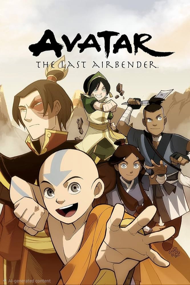 Five animated characters from Avatar: The Last Airbender pose heroically; Aang is in front, with Katara, Sokka, Toph, and Zuko behind him. Each character displays their bending or weapon skills—a perfect scene to relive when you purchase IPTV and stream your favorite episodes anytime.