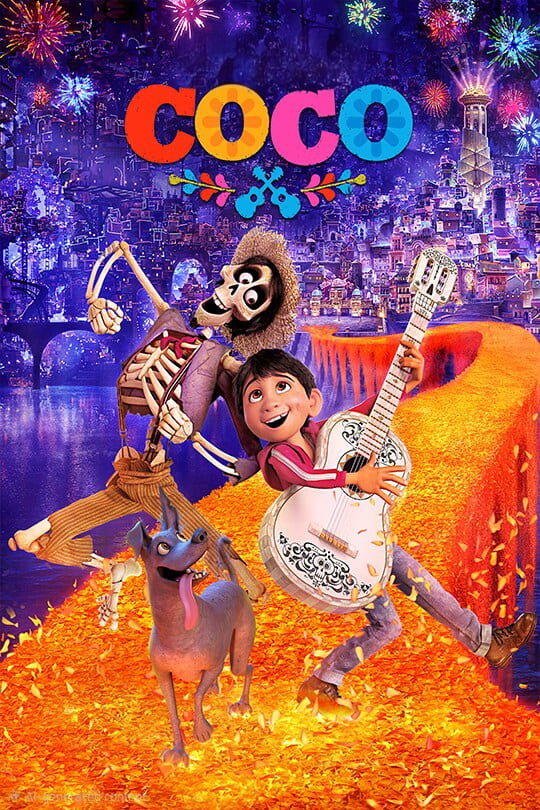 Animated poster for the movie Coco shows a boy playing guitar with a skeleton and a dog on a glowing orange path, with colorful fireworks and a festive city in the background—making it an ideal scene to enjoy when you purchase IPTV for vibrant, cinematic streaming experiences.