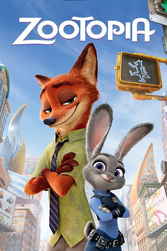 Nick Wilde, a fox in a green shirt and tie, stands beside Judy Hopps, a rabbit in a police uniform, with city buildings and a crosswalk sign in the background. The Zootopia movie logo is at the top, making it an ideal poster for fans who want to relive the adventure or enjoy every moment by choosing to purchase IPTV services.