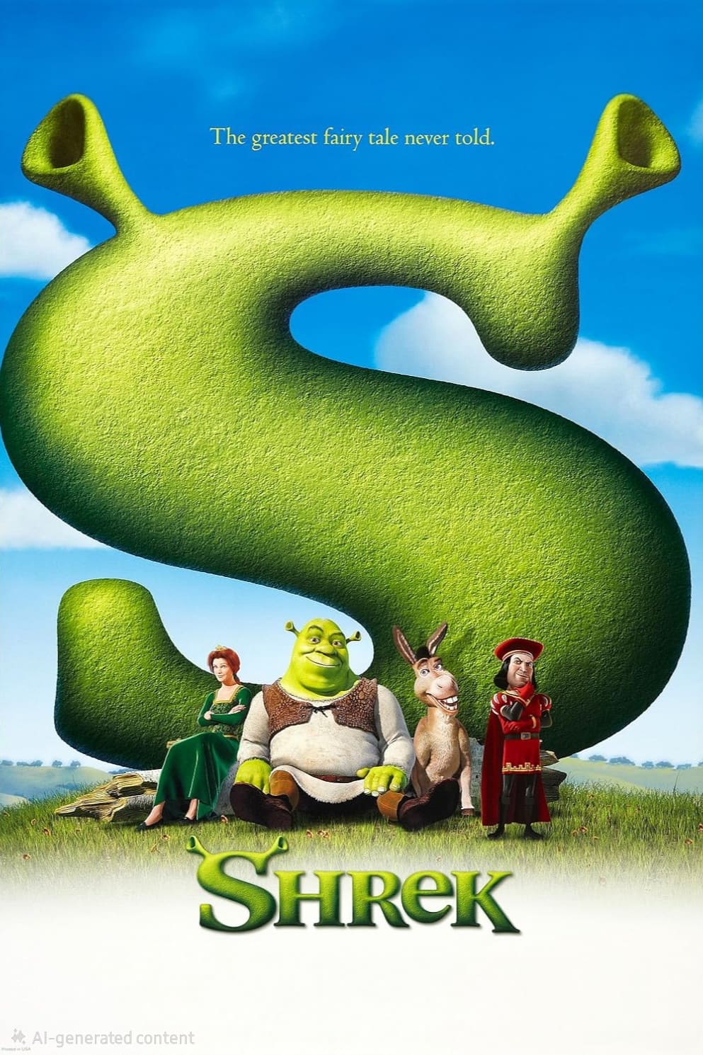 Shrek, Fiona, Donkey, and Lord Farquaad sit in front of a large green S under a blue sky with the words "The greatest fairy tale never told" above them. The title Shrek is at the bottom—a scene you can relive anytime when you purchase IPTV for seamless streaming.