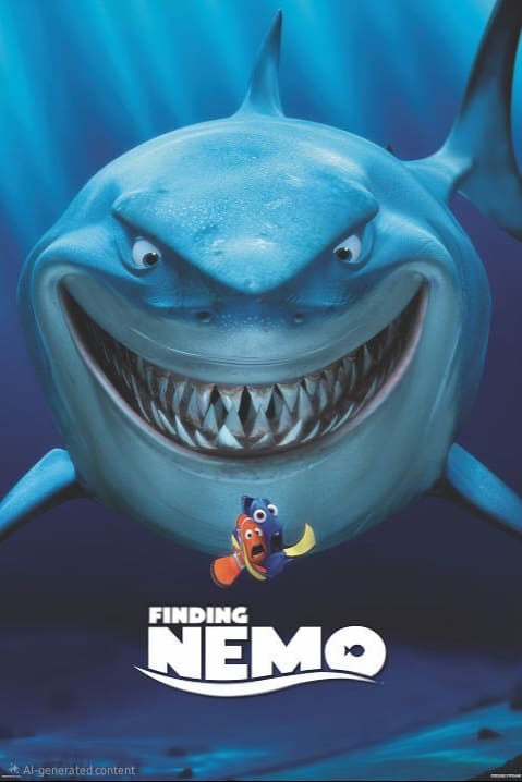 Animated poster for Finding Nemo showing a large, grinning shark behind two small fish, Nemo and Dory, who look startled as they swim underwater. Dive into the adventure and relive every moment from home—Purchase IPTV to stream this family favorite anytime. The film title appears at the bottom.