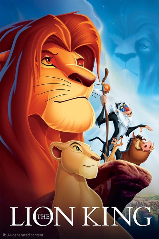 Animated poster for The Lion King featuring a lion, lioness, warthog, meerkat, and baboon standing on a rock, with another lion’s face in the sky and a savanna background—perfect for fans looking to relive iconic moments or enhance their viewing experience when they purchase IPTV.