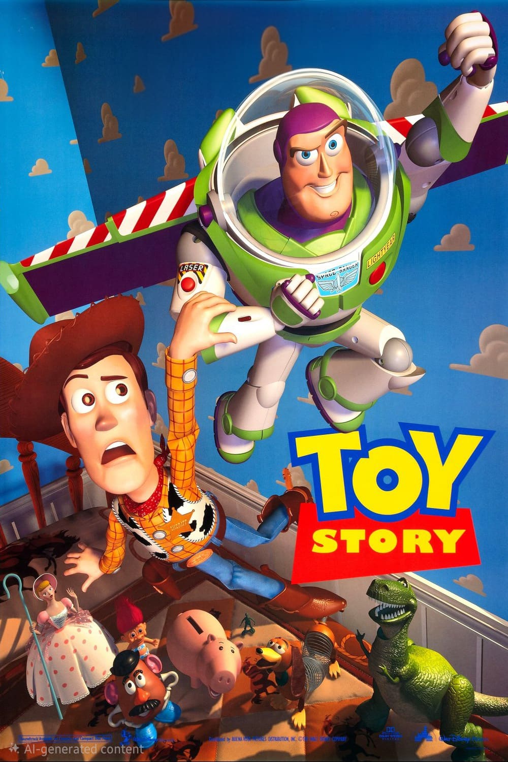 Woody and Buzz Lightyear hover above the ground in a child's bedroom, with other toy characters looking up. The Toy Story movie logo is displayed in bold yellow and blue letters, offering a nostalgic scene perfect for families who purchase IPTV to enjoy classic favorites together.