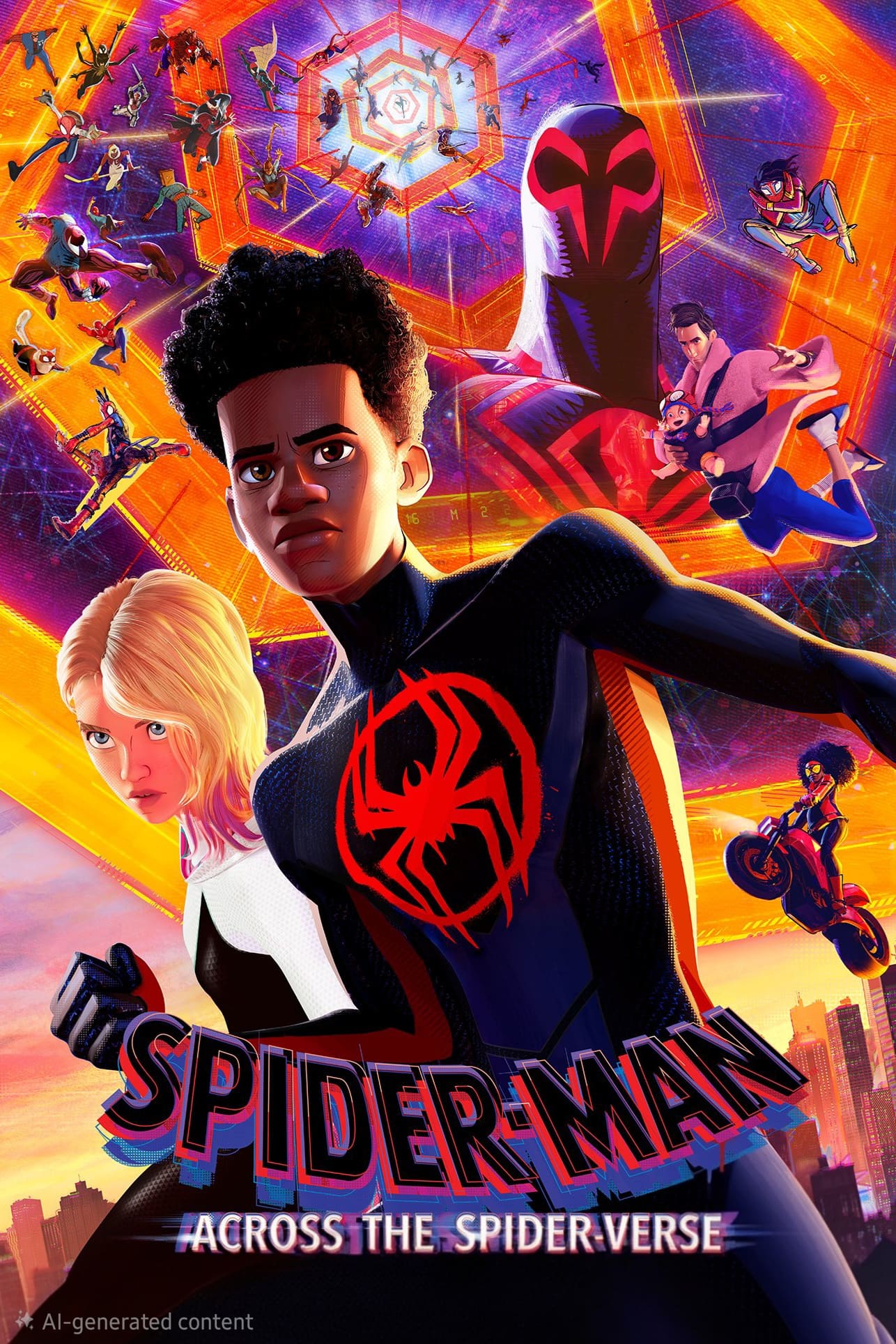 Animated poster for Spider-Man: Across the Spider-Verse featuring multiple Spider-Man characters in dynamic poses with a vibrant, multiverse background. Perfect for fans looking to complete their collection or enhance their viewing experience—especially those who purchase IPTV. The title is at the bottom.
