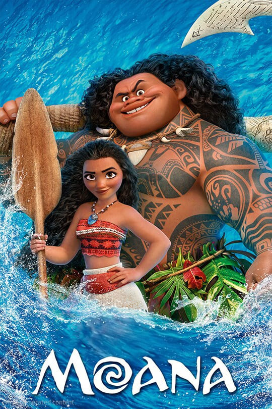 Animated characters Moana and Maui stand together in the ocean, with Moana holding an oar and Maui holding his magic fishhook. Both are smiling, with waves and a boat visible in the background. The word Moana appears below—an adventure you can relive anytime when you purchase IPTV to stream your favorite animated stories.