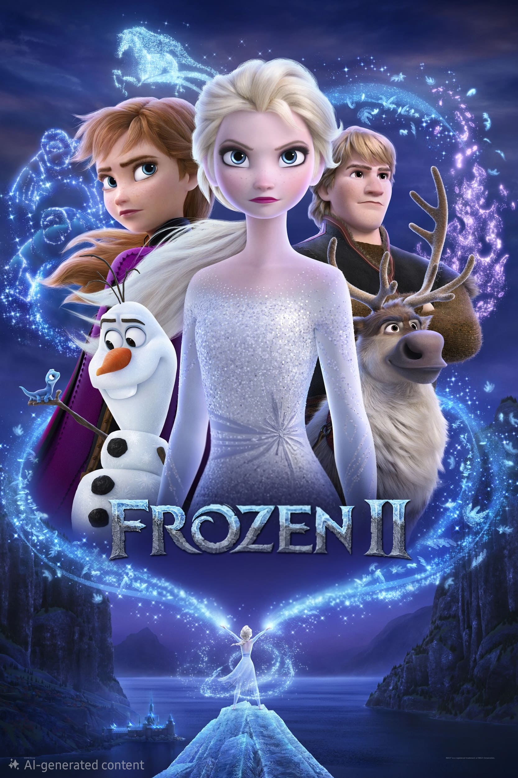 Poster for Frozen II featuring main characters Elsa, Anna, Olaf, Kristoff, and Sven with magical icy effects and a blue, glowing theme. Below, Elsa stands alone on an ice formation in a mystical landscape—perfect for fans looking to enhance their movie nights or stream classics when they purchase IPTV services.