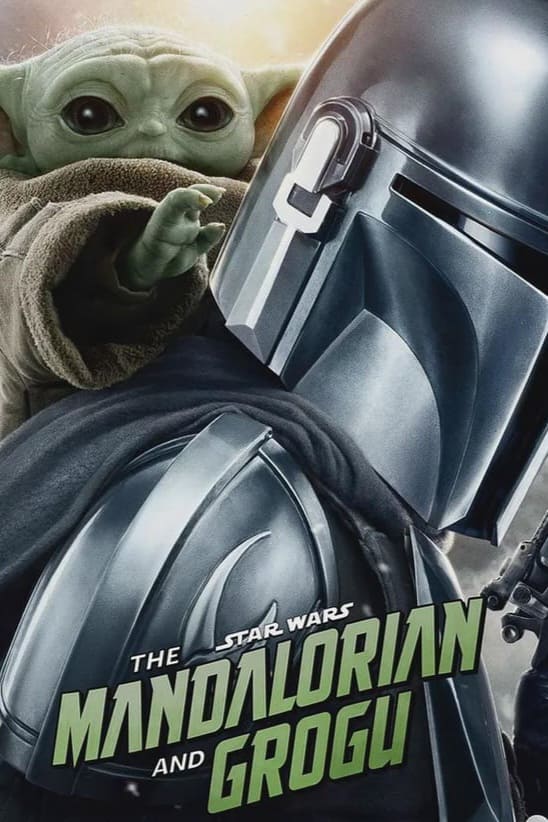 Grogu, a small green alien, sits behind a helmeted Mandalorian in silver armor. The text The Mandalorian and Grogu is at the bottom. Both characters are from the Star Wars universe—perfect for fans who enjoy streaming or want to purchase IPTV services to watch every episode.