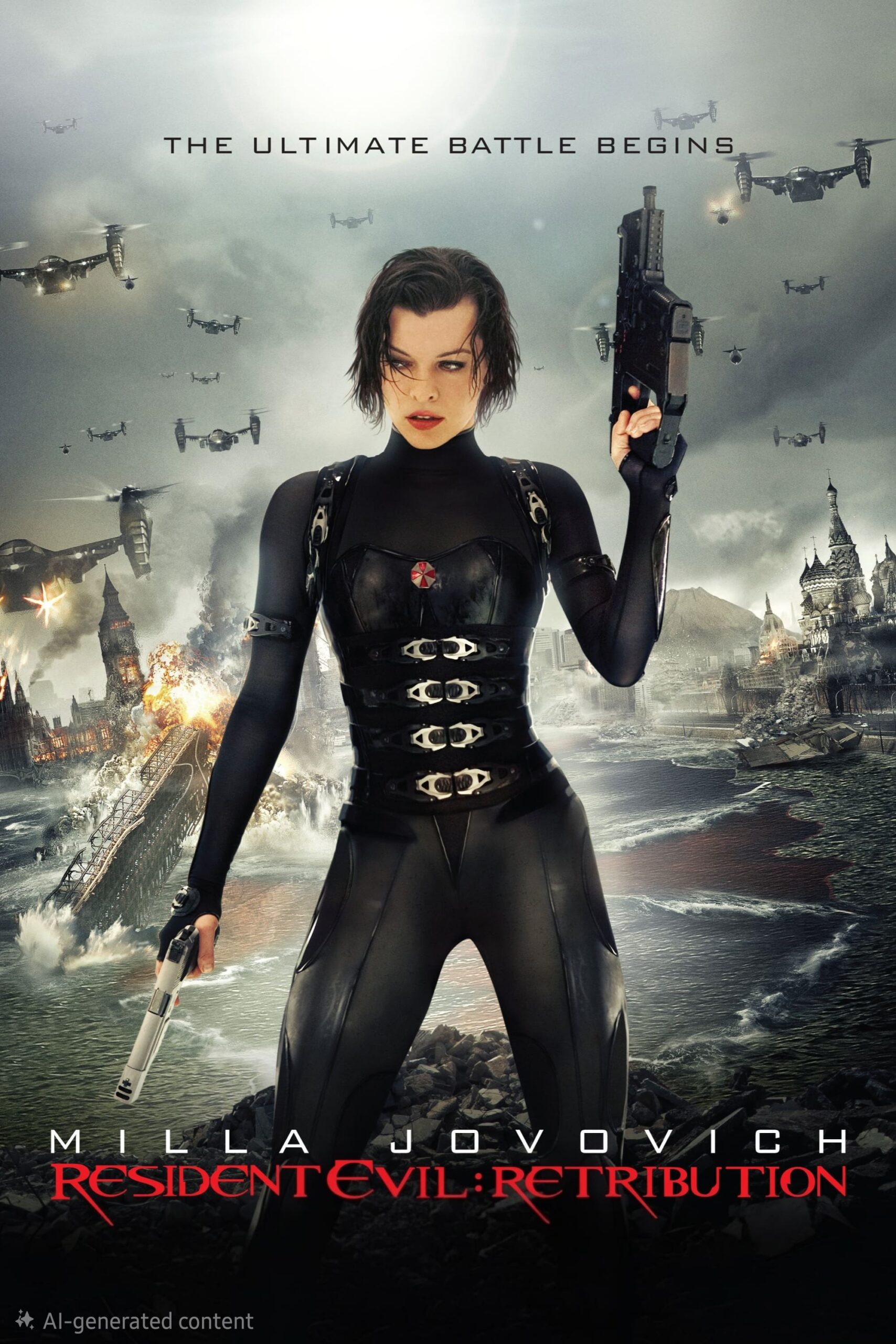 A woman in black tactical gear holds guns, standing amid destruction with burning buildings, flying aircraft, and explosions. Text reads Resident Evil: Retribution and The ultimate battle begins. Experience the action from anywhere—purchase IPTV to never miss a moment of the epic showdown.