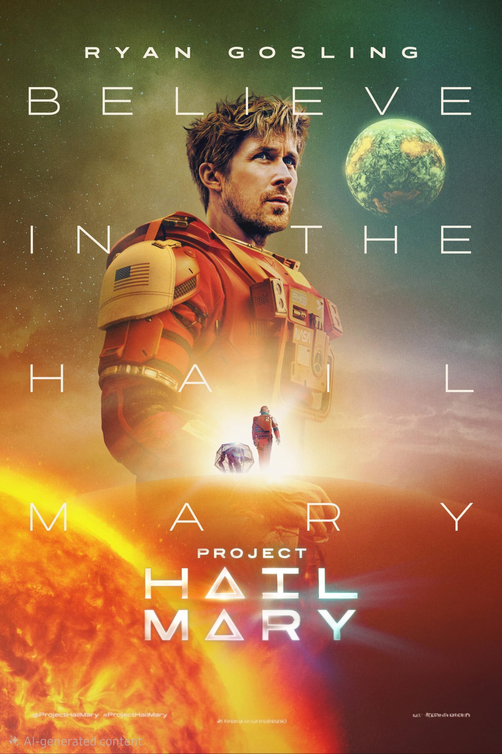 Movie poster for Project Hail Mary shows a man in a spacesuit, planets, and bold text: “Believe in the Hail Mary.” The actor’s name, Ryan Gosling, appears at the top. The background features space and a glowing sun—an out-of-this-world scene perfect to experience when you purchase IPTV for home viewing.