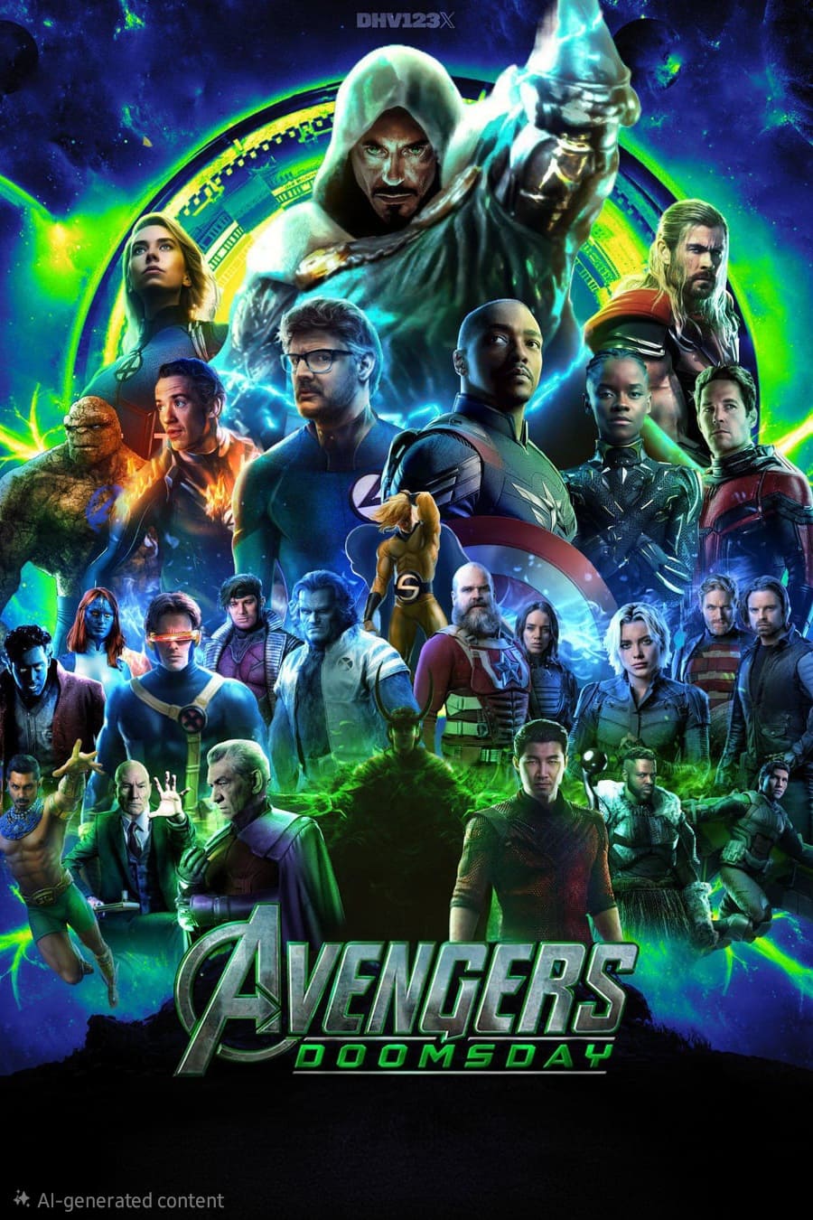 A vibrant fan-made Avengers: Doomsday poster features Marvel superheroes and villains in dynamic poses, set against a glowing green cosmic background. Perfect for fans who purchase IPTV to stream their favorite Marvel content, the poster showcases the epic title boldly at the bottom.