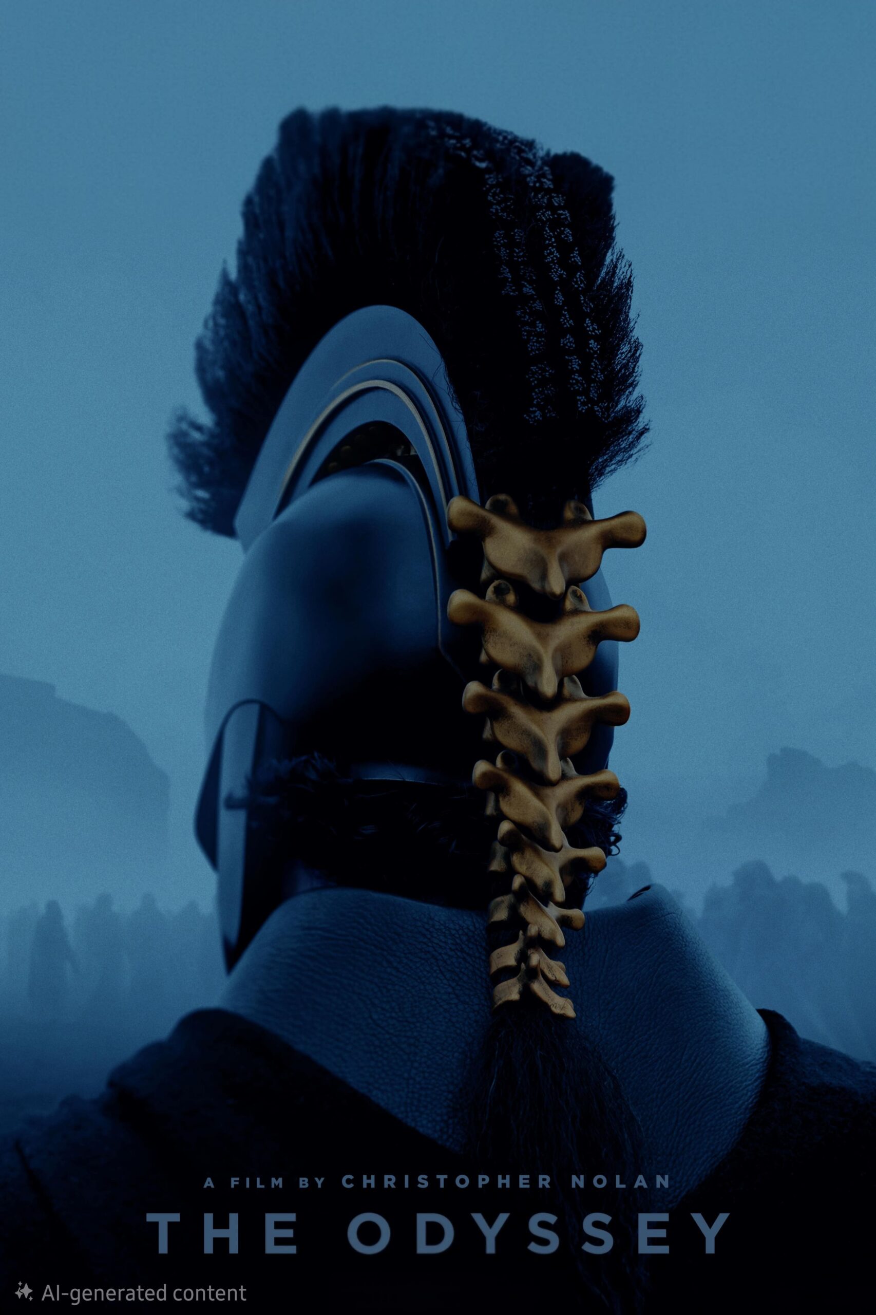 A person in a dark helmet and armor stands with their back to the viewer. Their helmet has a row of golden vertebrae down the back. Blue fog and shadowy figures fill the background, evoking an air of mystery much like uncovering new worlds when you purchase IPTV. Text reads “THE ODYSSEY.”.