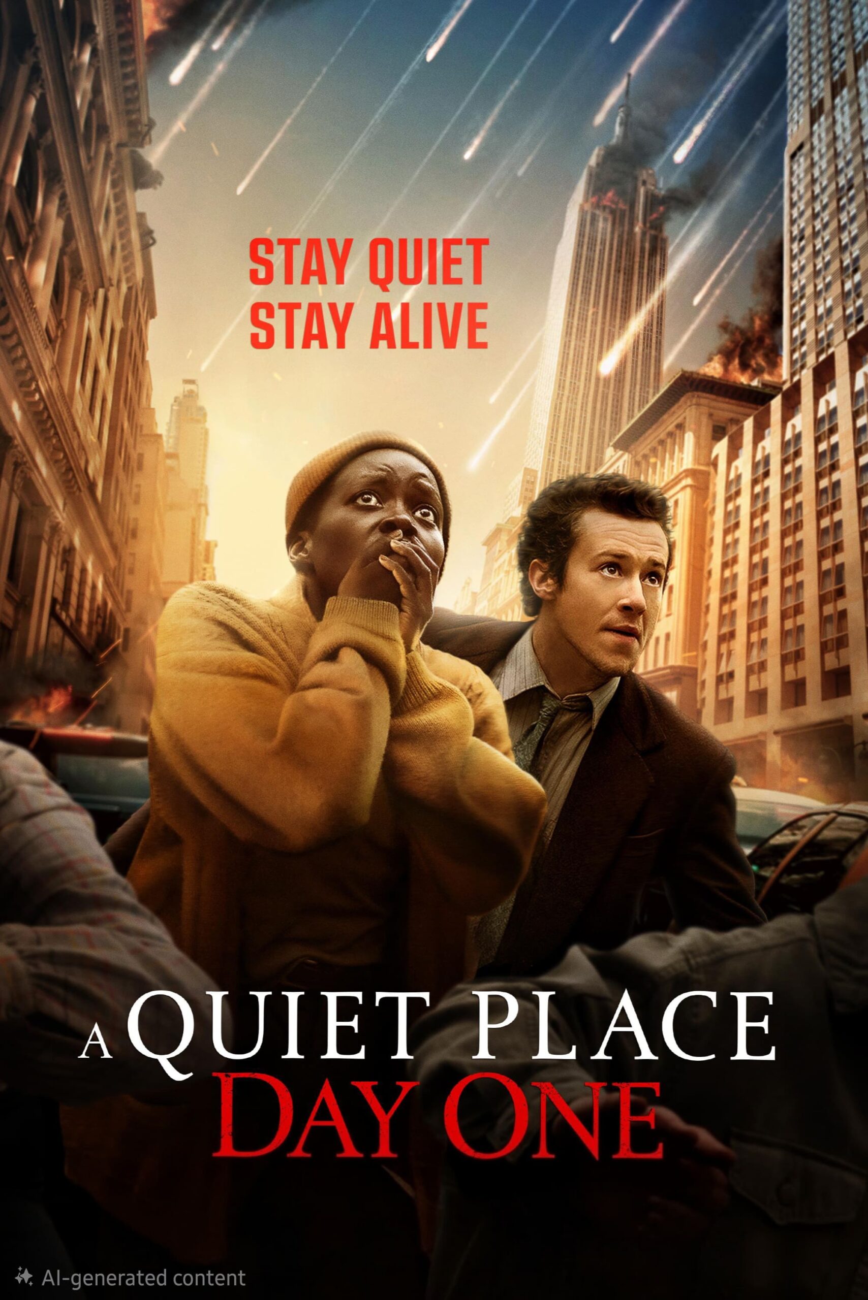 Two people run in fear as fiery objects fall from the sky in a city. Text reads “STAY QUIET STAY ALIVE” and “A QUIET PLACE DAY ONE.” Buildings burn in the background as chaos erupts, capturing an intensity that rivals anything you might watch when you purchase IPTV for thrilling cinematic experiences.