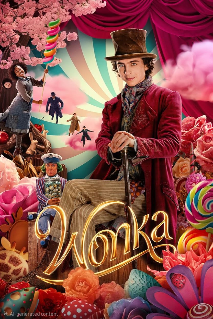 A young man in a purple coat and top hat stands among colorful candies and whimsical characters, with Wonka written in golden letters below him. A swirled pastel background and red curtains complete the fantasy scene, inviting viewers to step into a magical world where imagination reigns—perfect for those seeking enchanting entertainment or looking to purchase IPTV for endless streaming delights.