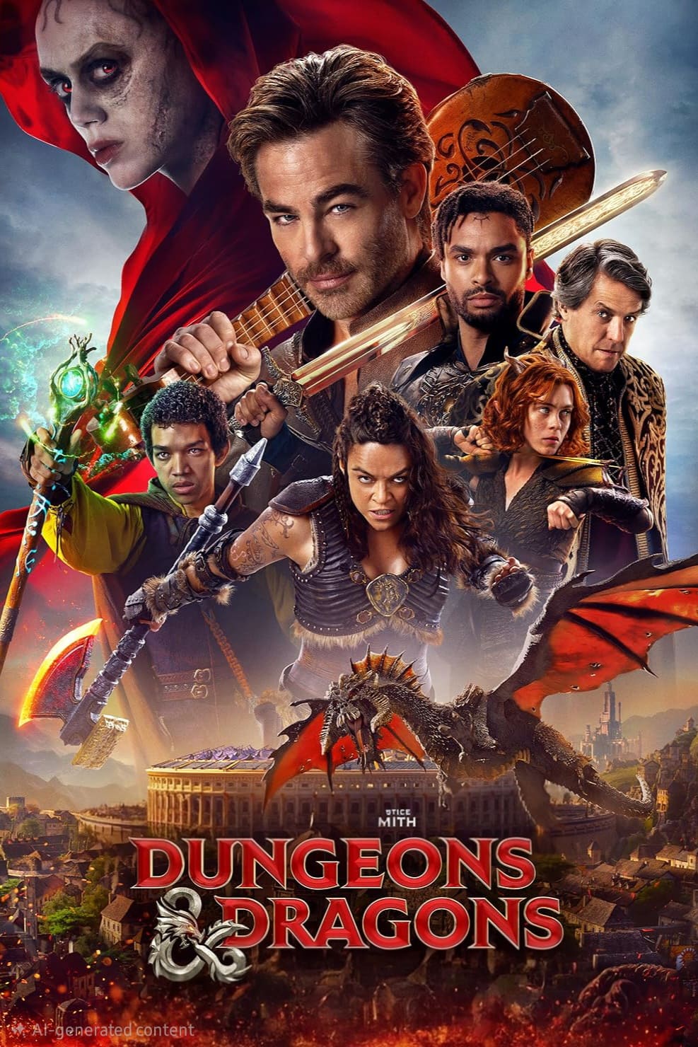 A fantasy movie poster shows a group of armored adventurers, a red-robed villain, a dragon, and a city in the background, with the title Dungeons & Dragons: Honor Among Thieves at the bottom—perfect for those looking to purchase IPTV and stream epic adventures from home.