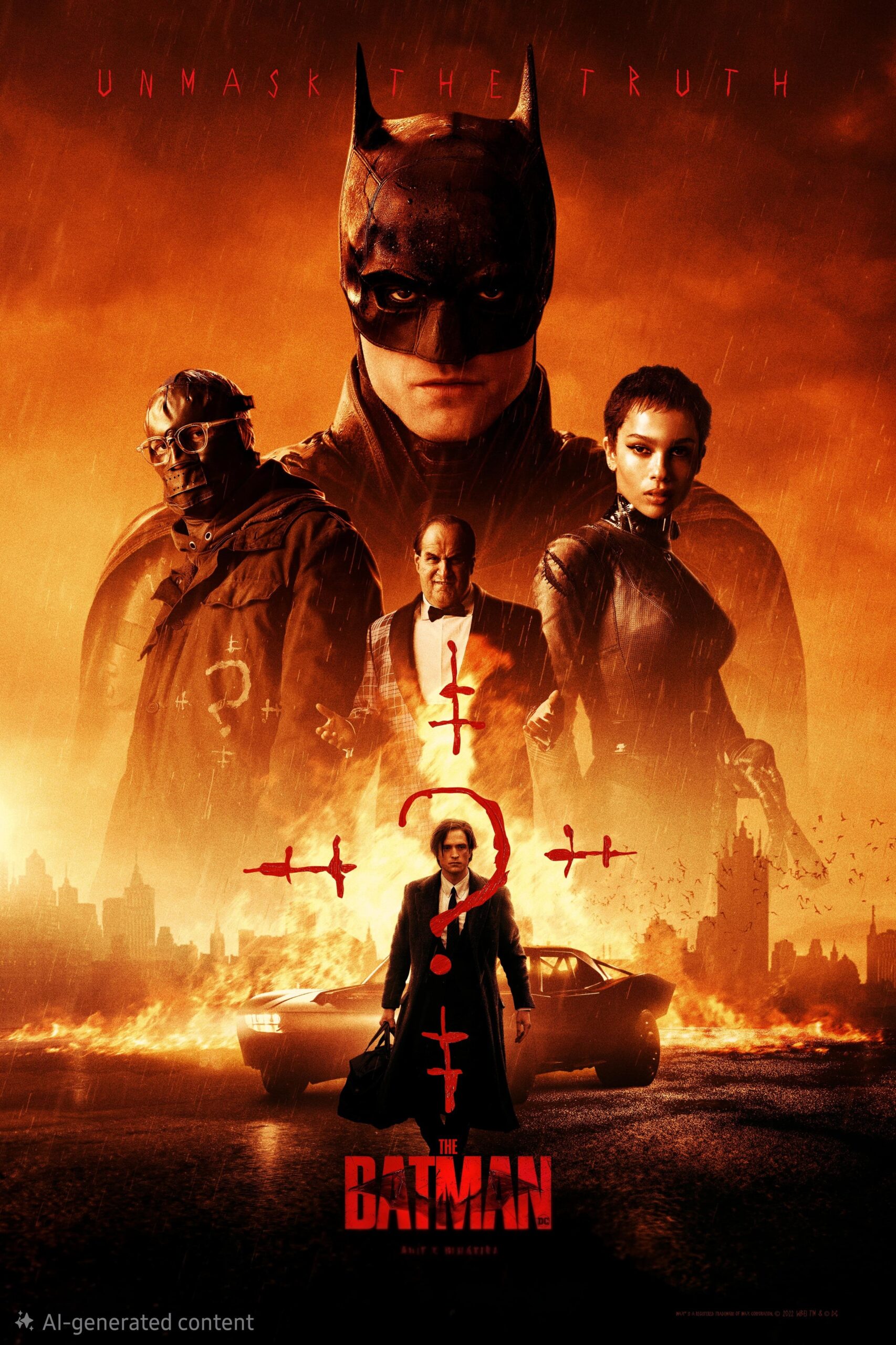 Poster for The Batman showing Batman, Catwoman, and other characters with a red and orange cityscape background, the Batmobile, and a question mark with arrows. Text at top reads Unmask the Truth. Experience every thrilling moment—Purchase IPTV to stream this cinematic masterpiece from the comfort of your home.