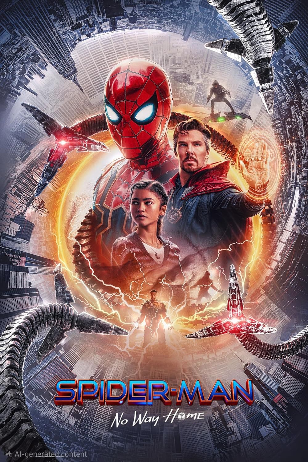 Movie poster for Spider-Man: No Way Home featuring Spider-Man, Doctor Strange, and a woman, with cityscapes, robotic arms, and mystical effects in the background. Title is at the bottom—a dynamic scene that fans can enjoy even more when they purchase IPTV for convenient at-home viewing.