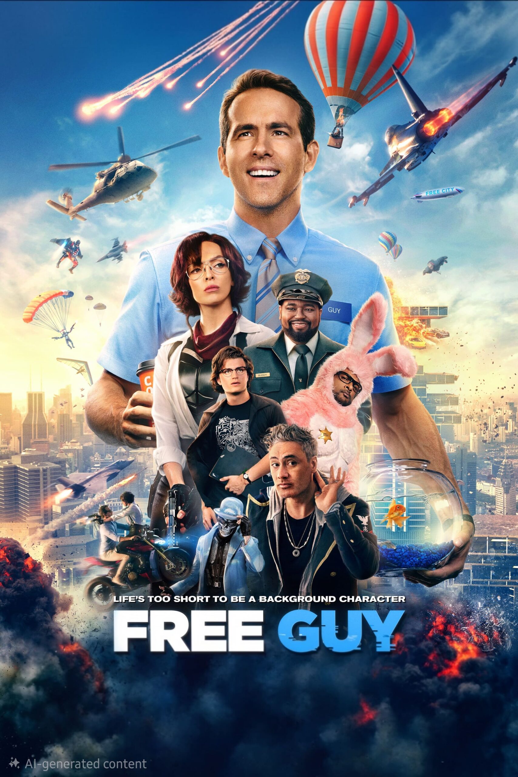 A smiling man in a blue shirt stands amid action scenes with explosions, jets, and hot air balloons. Various characters and a person in a pink bunny suit appear below. Text reads: FREE GUY—an adventure you won’t want to miss when you purchase IPTV for nonstop entertainment.