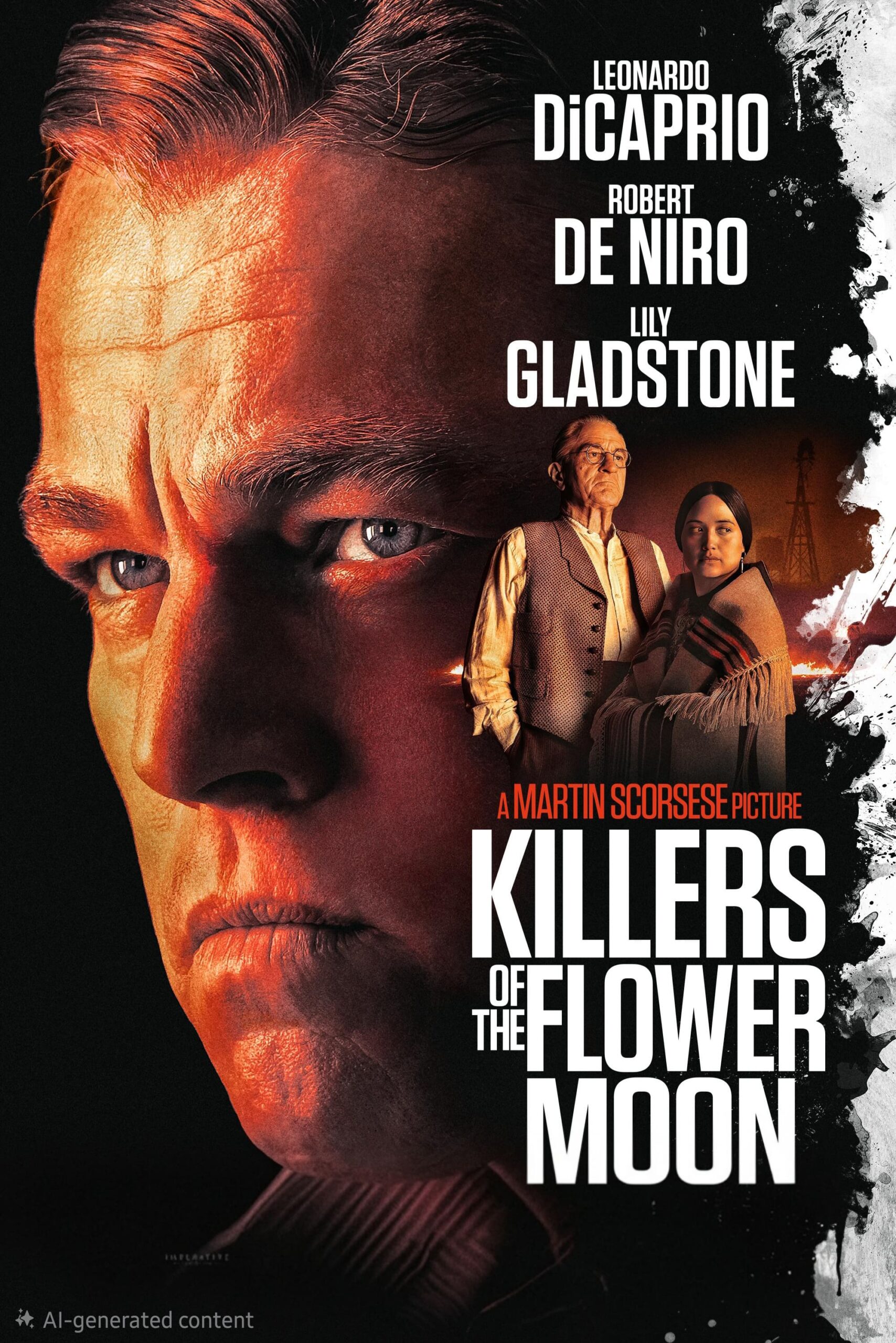 Movie poster for “Killers of the Flower Moon” featuring a close-up of a man’s face on the left, and a man and woman standing together on the right, with actors’ names and film title in bold text—perfect for fans looking to catch every detail when they purchase IPTV for high-quality streaming.