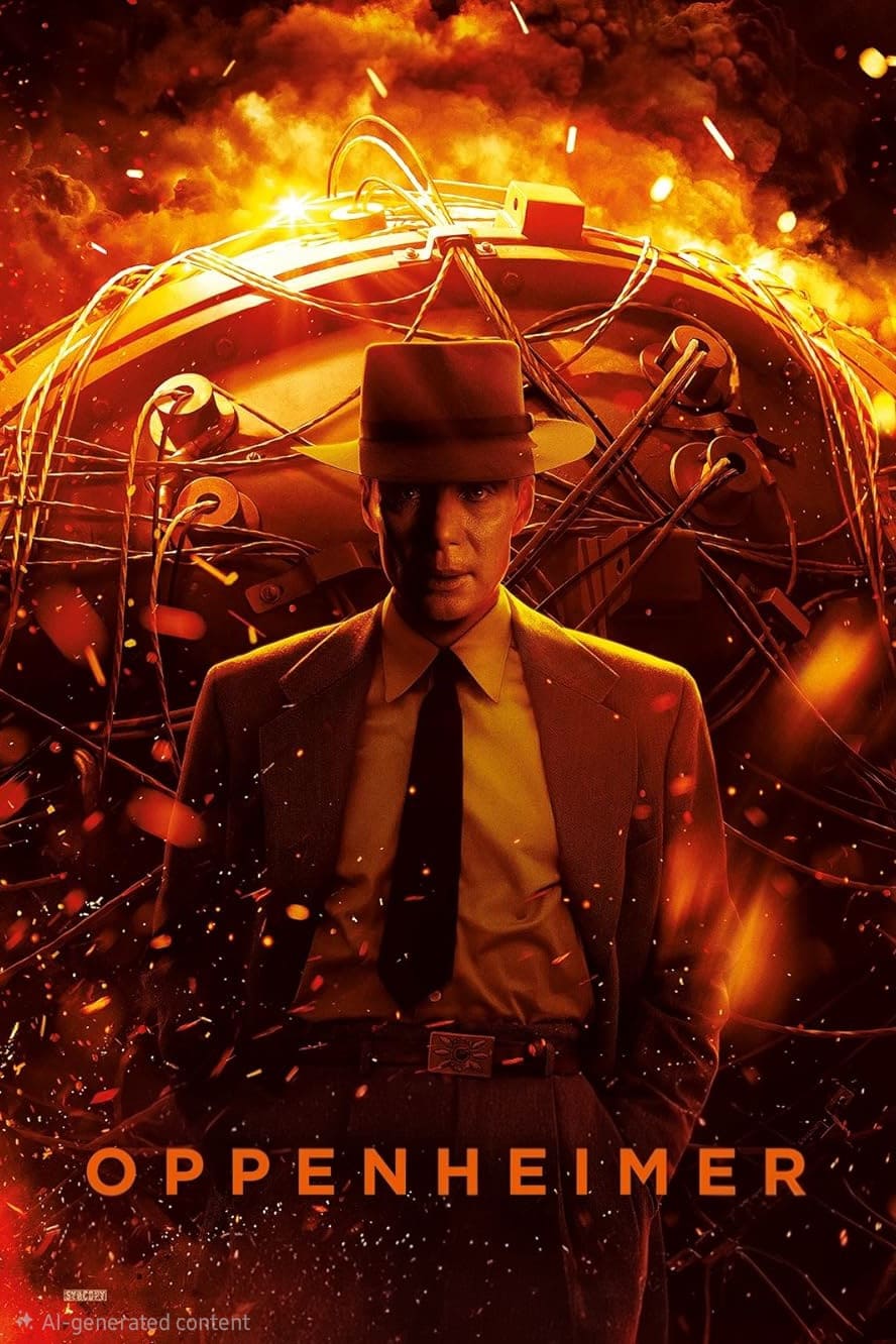 A man in a suit and hat stands in front of a fiery, explosive background with wires and an orange glow. The word OPPENHEIMER appears at the bottom, reminiscent of cinematic moments best experienced when you purchase IPTV for unlimited streaming access.
