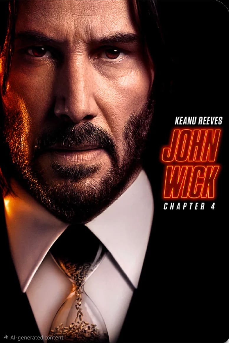 Close-up of a serious man with long hair and a beard in a suit and tie. Text reads: Keanu Reeves John Wick Chapter 4 in bold red and orange font on a black background—perfect for fans looking to purchase IPTV access to watch the latest action unfold.