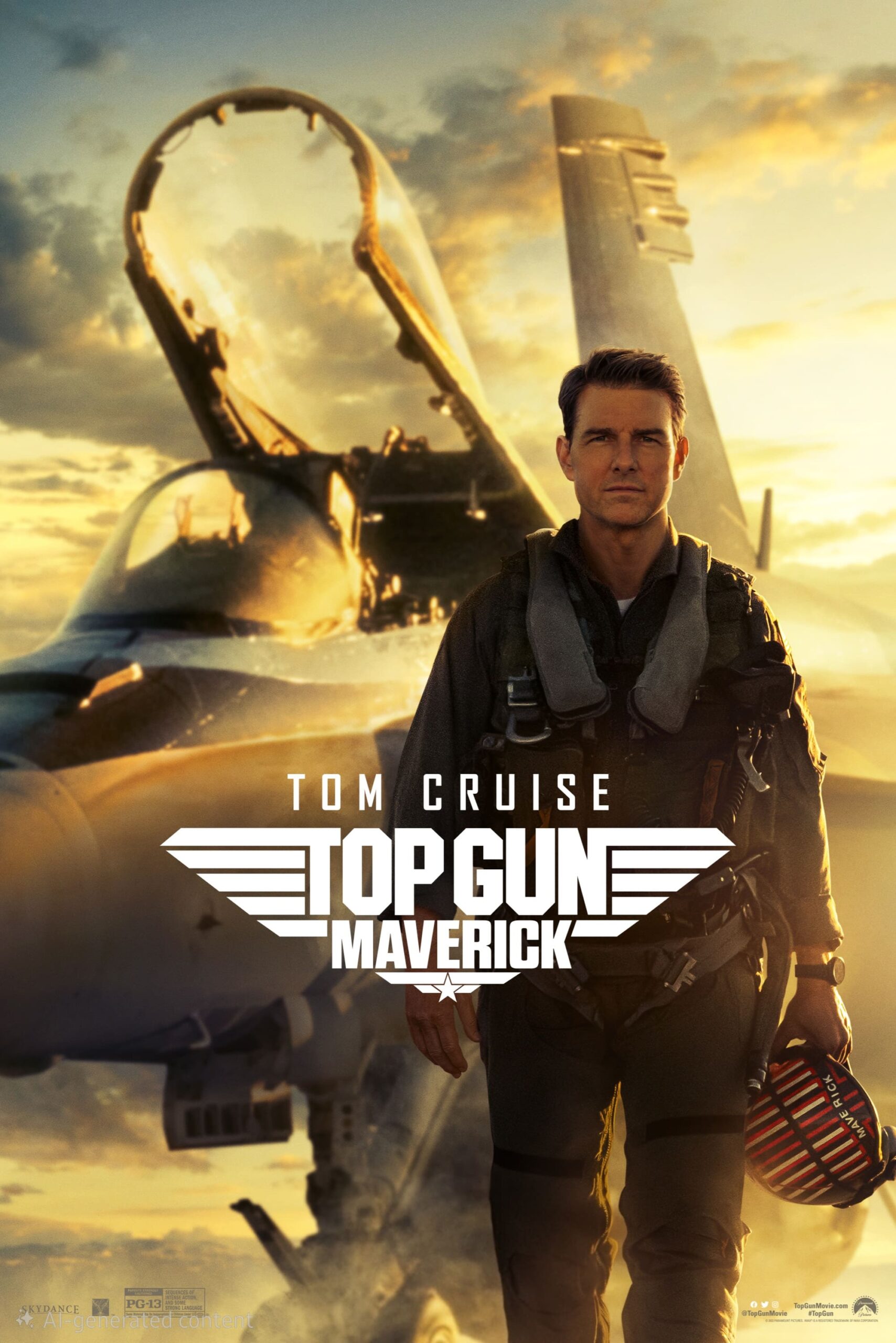 A pilot in a flight suit stands confidently in front of a fighter jet at sunset, holding a helmet. The text reads: Tom Cruise, Top Gun Maverick. For the ultimate viewing experience, Purchase IPTV and watch your favorite action scenes anytime.