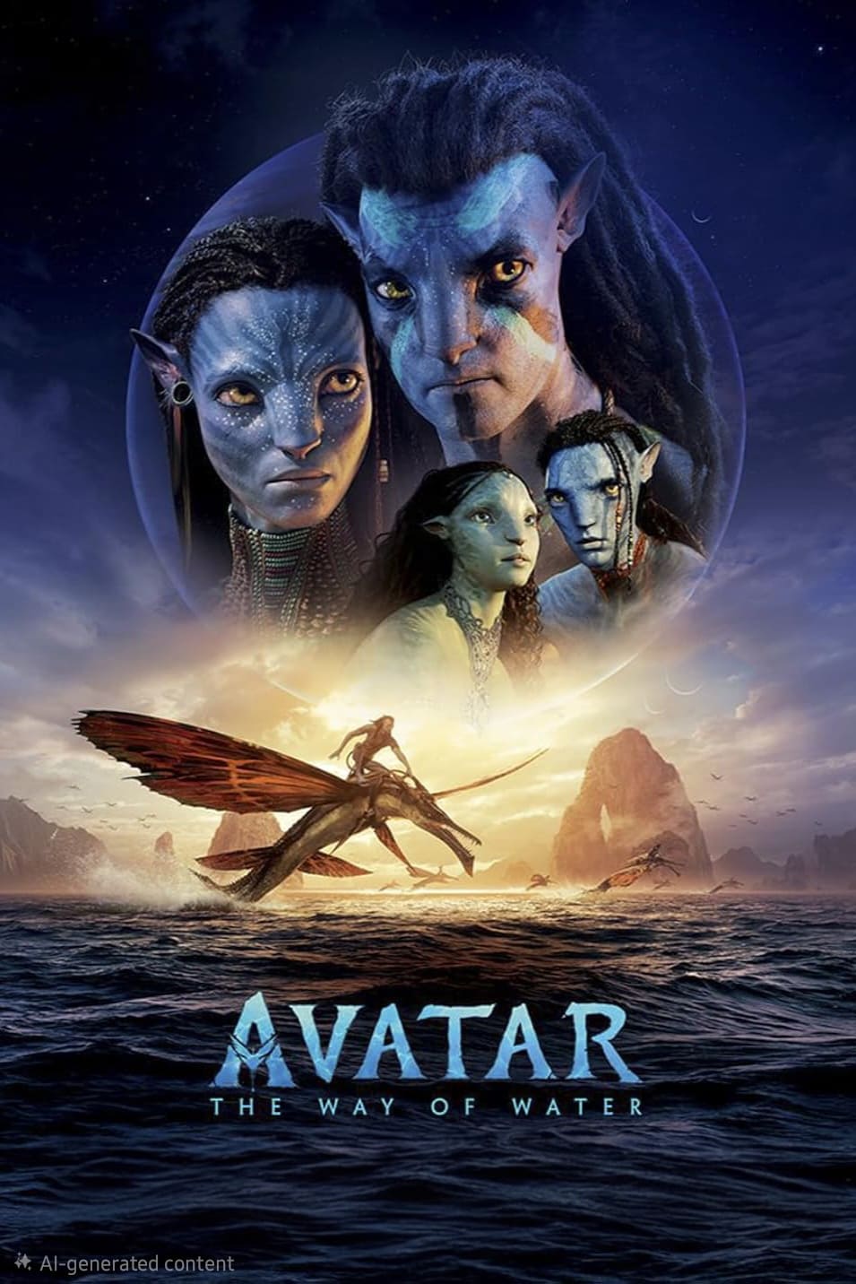 Poster for Avatar: The Way of Water showing four blue-skinned characters above a figure riding a flying creature over the ocean at sunset, with the movie title at the bottom—a captivating scene you won't want to miss when you purchase IPTV and stream stunning adventures like this from home.
