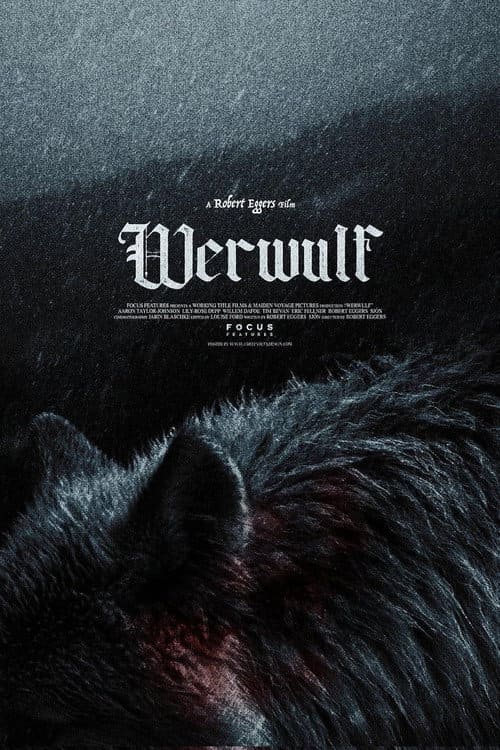Movie poster for Werwulf. The title appears in large gothic font above the back of a black wolf with snow falling. The text credits “A Robert Eggers film” at the top and production details below. With its dark and eerie tone, this chilling poster sets a haunting mood—perfect for fans eager to stream or purchase IPTV access to this unforgettable thriller.