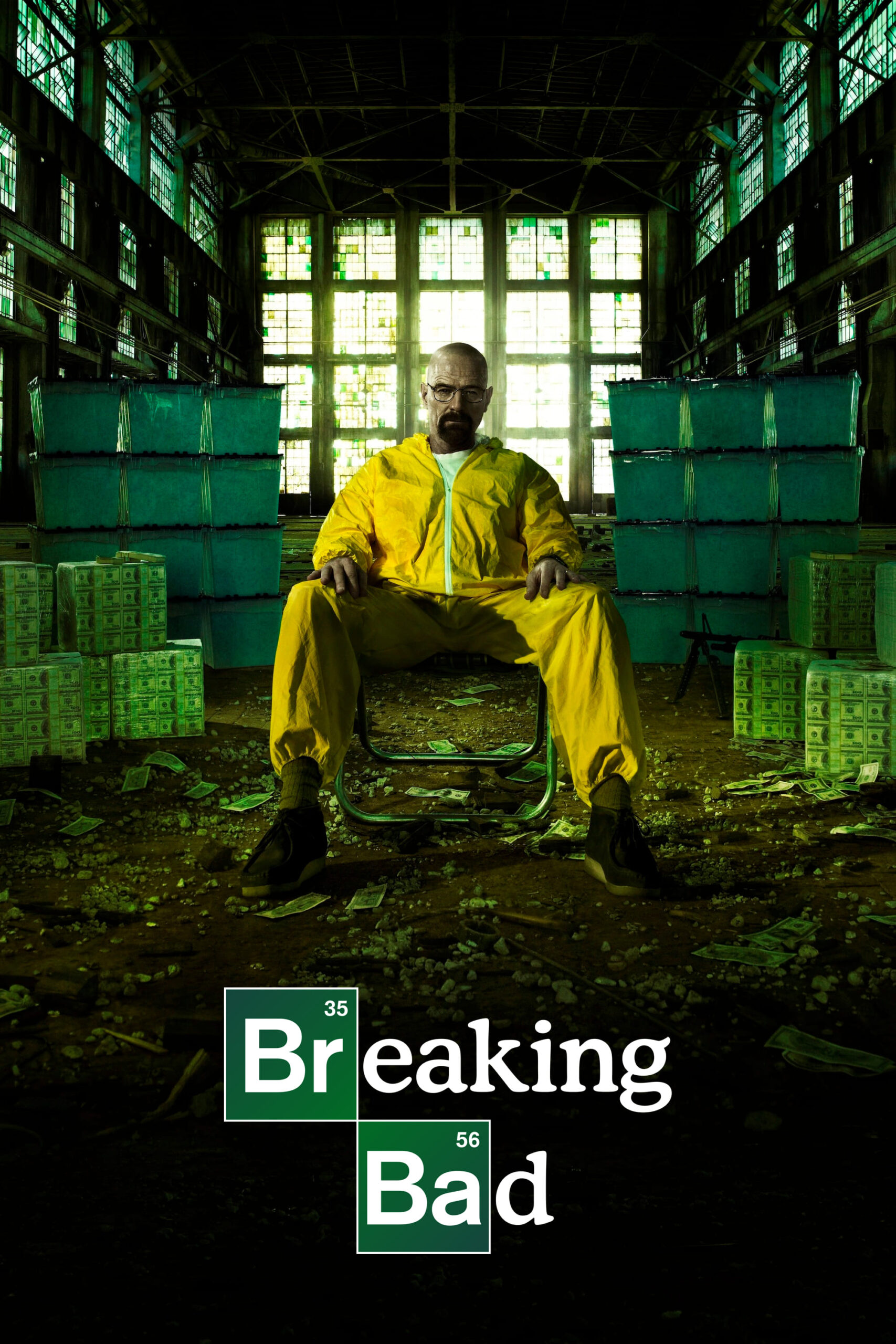 A man in a yellow hazmat suit sits in a warehouse surrounded by stacks of cash, with Breaking Bad written at the bottom. Light streams in through large windows behind him, evoking the thrill you get when you purchase IPTV for unlimited access to your favorite shows.