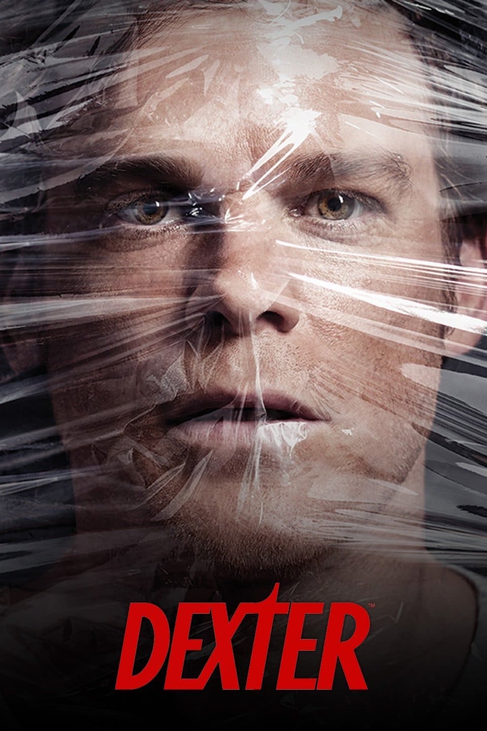 A close-up of a man’s face tightly wrapped in clear plastic wrap, with a serious expression, evokes an intense, suspenseful atmosphere. Below, the red text DEXTER is prominently displayed—reminding viewers of the chilling moments that will keep them glued to the screen when they purchase IPTV.