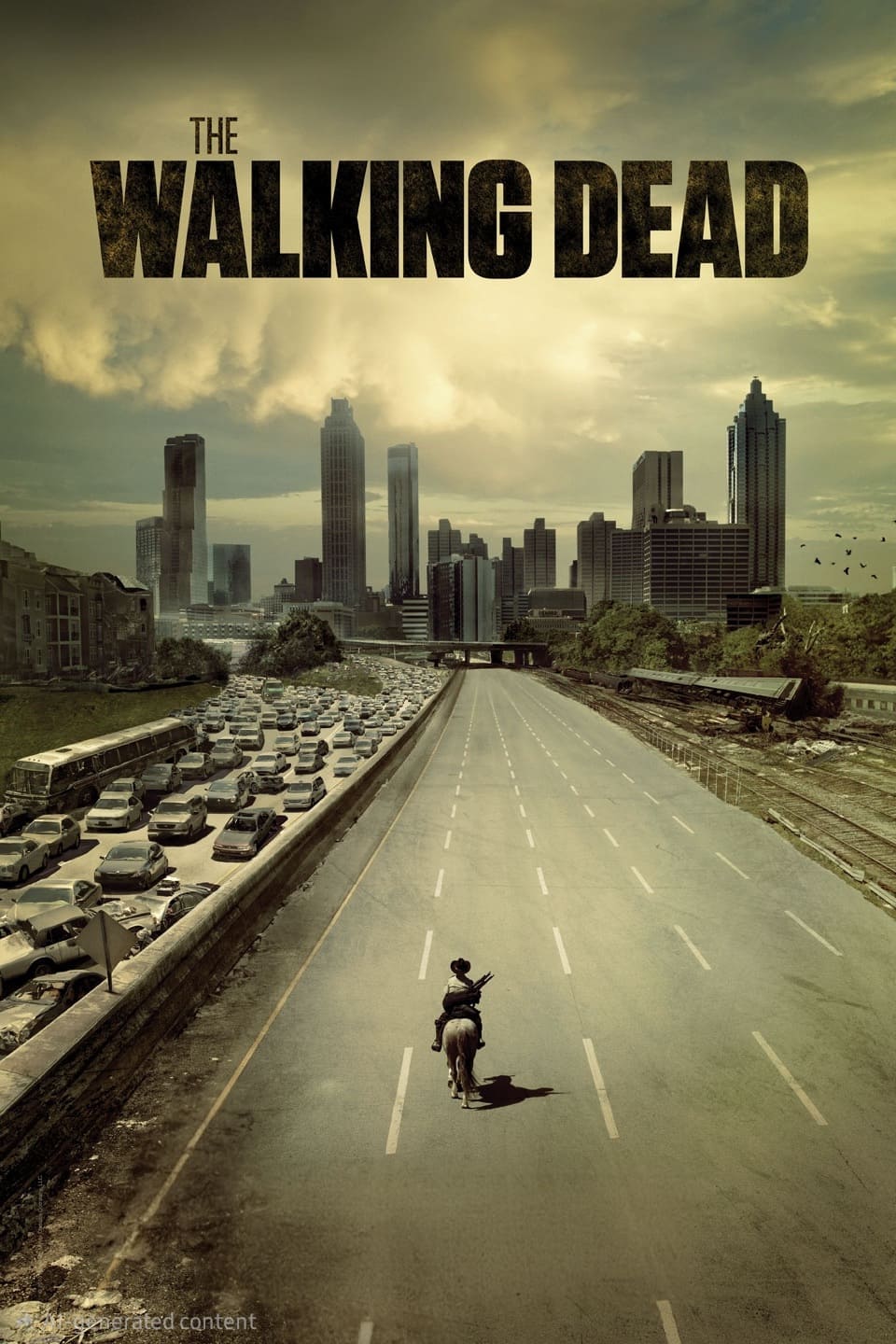 A lone figure on horseback rides down an empty highway toward a city skyline, with abandoned cars filling the opposite lane. The words THE WALKING DEAD appear in large, bold letters at the top of the image, invoking a world where survival is key—perfect for fans eager to purchase IPTV and immerse themselves in every dramatic episode.