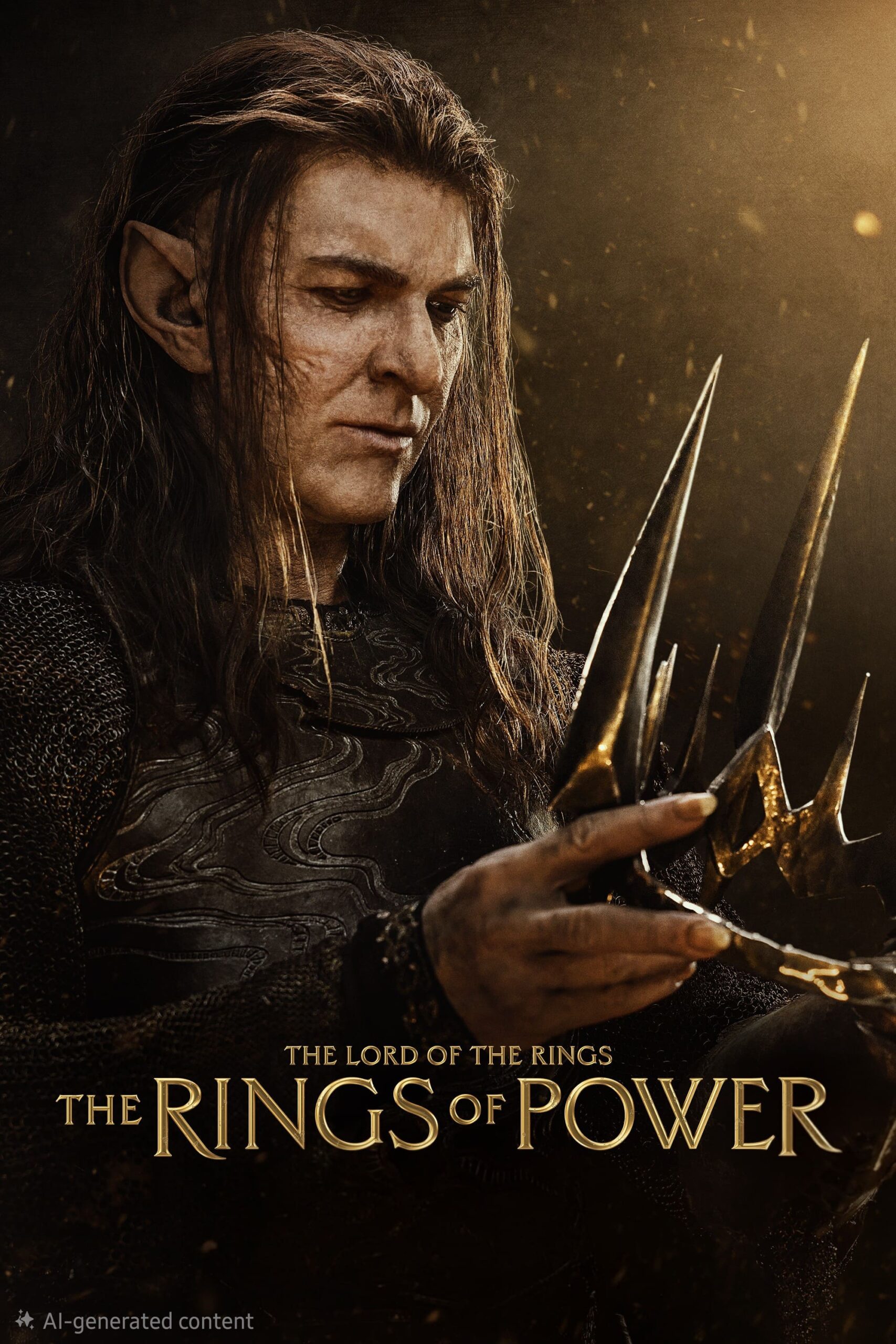 A serious, elf-like character with long hair and pointed ears examines sharp, golden ring pieces. As the text reads, “The Lord of the Rings: The Rings of Power,” viewers seeking to immerse themselves in this epic tale can Purchase IPTV for seamless streaming.