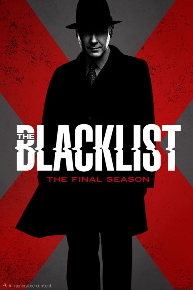 A man in a dark coat and hat stands in front of a large red X. The text reads, The Blacklist: The Final Season. With its dramatic, shadowy style, this image sets the tone for a thrilling experience—perfect to stream if you purchase IPTV for access to all the latest episodes.
