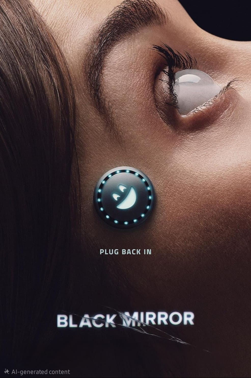 Close-up of a woman's face with a glowing, circular device on her temple, displaying a digital smiley face. Text reads PLUG BACK IN and BLACK MIRROR. The image has a dark, futuristic tone—inviting viewers to question technology’s influence as seamlessly as the allure to purchase IPTV in today’s digital age.