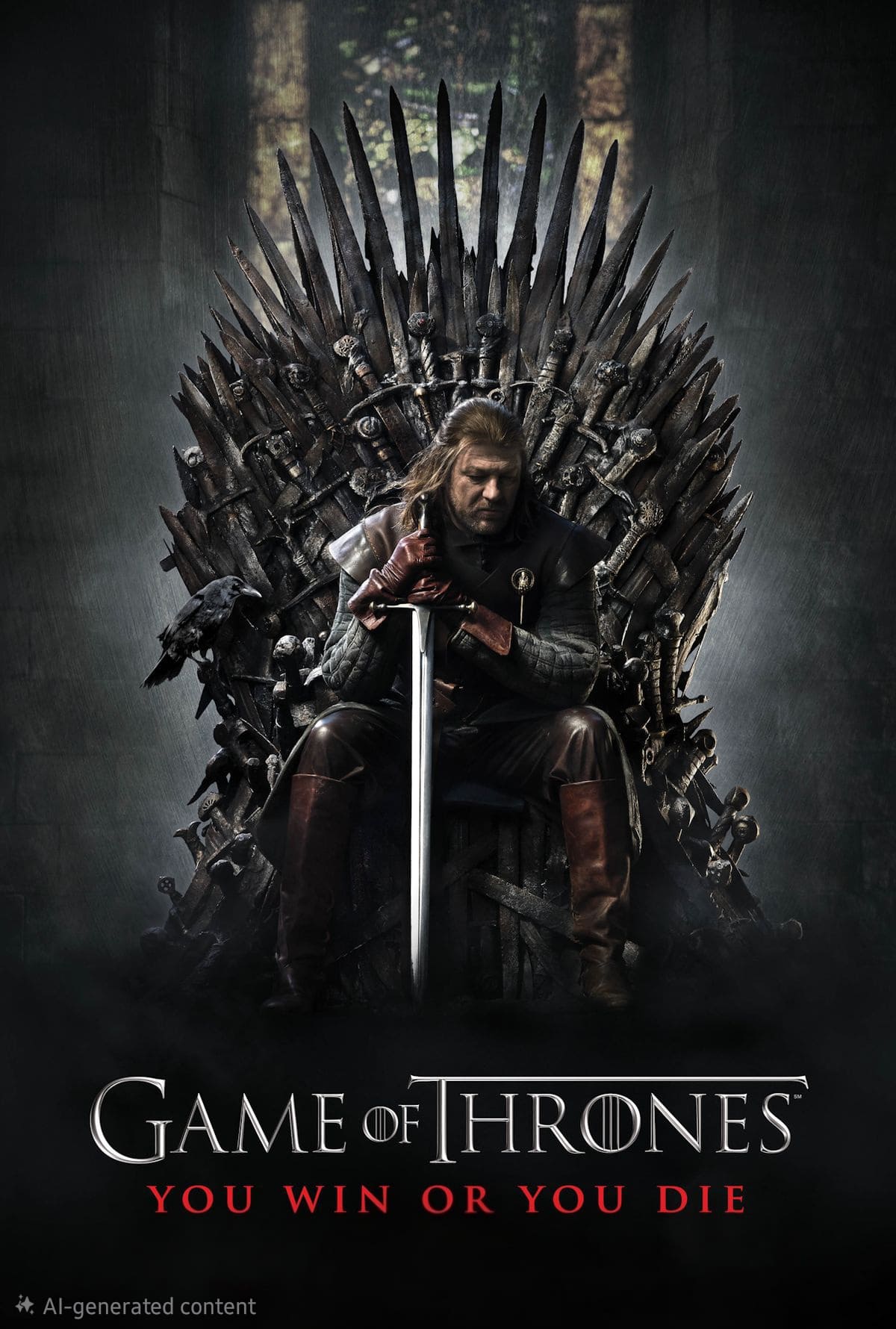A man sits on an iron throne made of swords, holding a large sword, with the text “Game of Thrones: You win or you die” below him. The background is dark and dramatic—perfect for those looking to experience epic moments like this when they purchase IPTV.