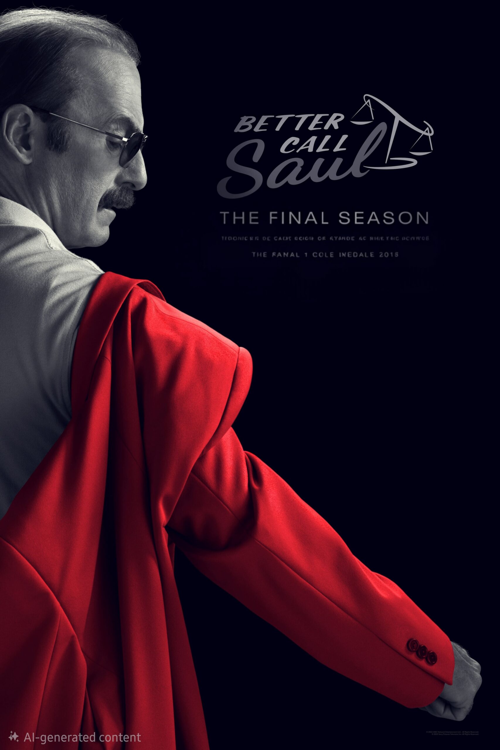A man with glasses and a mustache puts on a red suit jacket. The text "Better Call Saul: The Final Season" appears above him on a black background, as viewers looking to purchase IPTV get ready to stream every twist of the series finale.