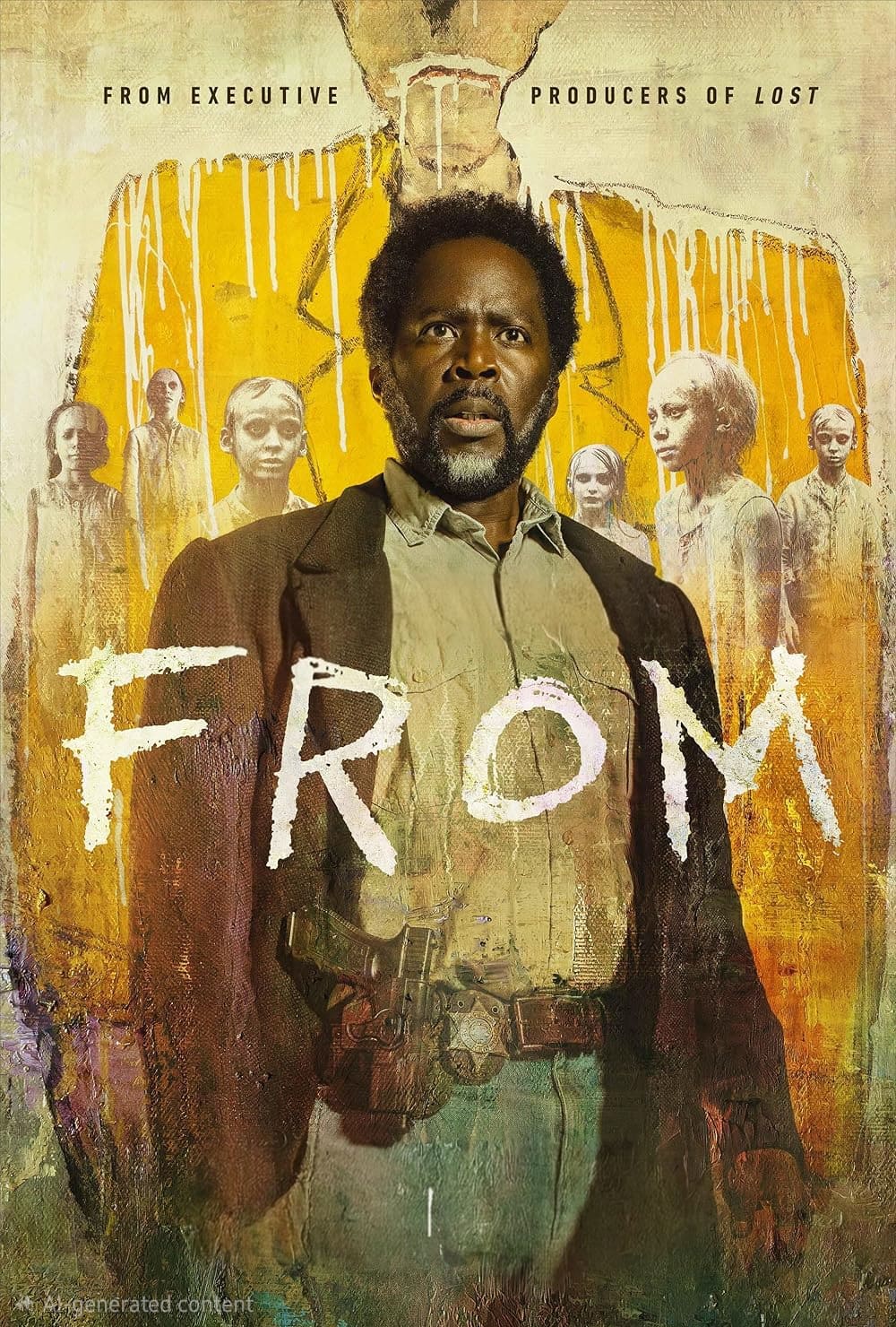 A man stands in front of eerie, ghostly figures with the word FROM in large white letters; background features yellow tones and a shadowy face above. Text at top references producers of LOST, creating an atmosphere as mysterious and captivating as those offered when you purchase IPTV for endless streaming thrills.