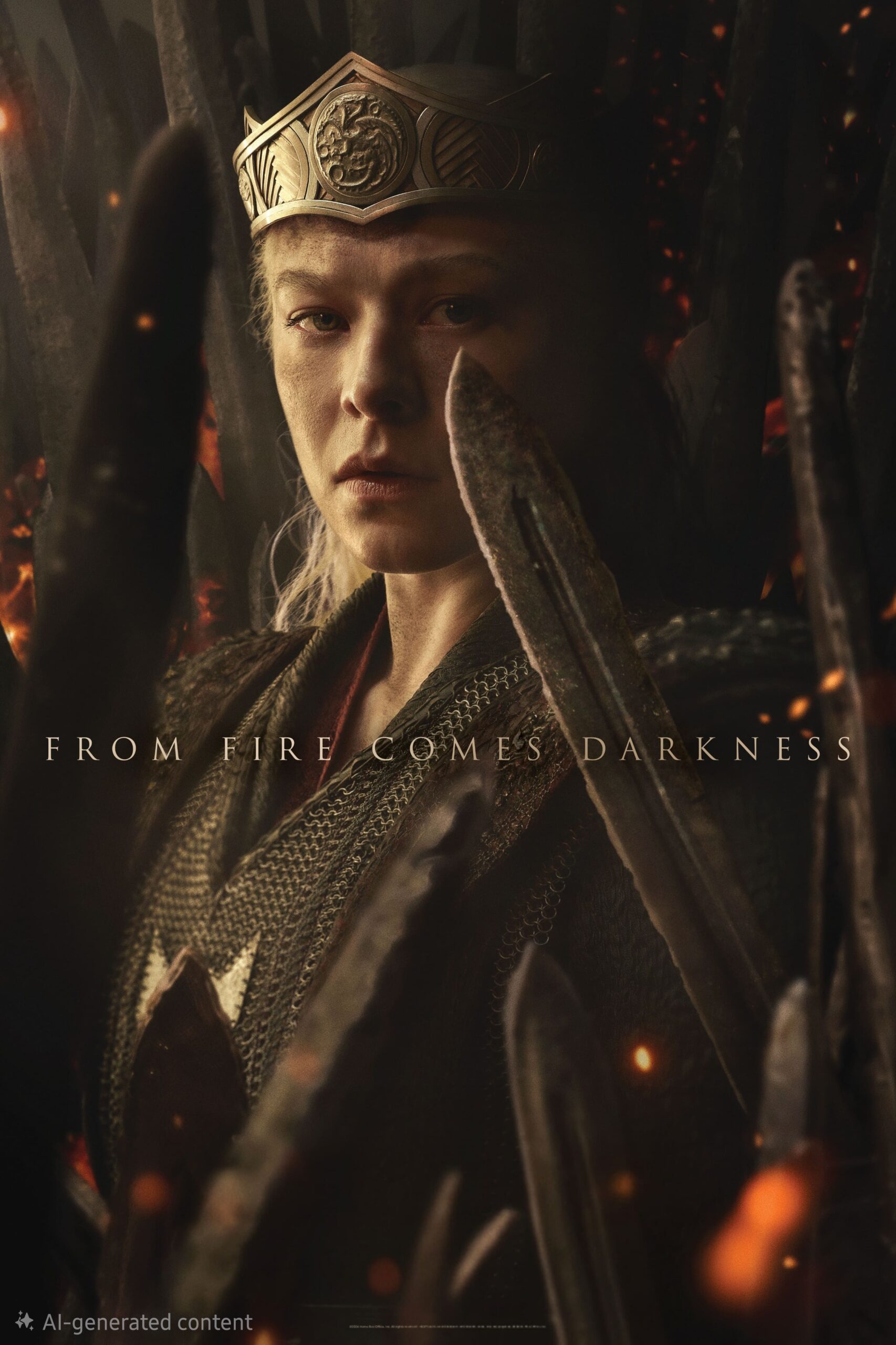 A woman wearing a crown sits on a dark, jagged throne with embers glowing around her. Text reads “FROM FIRE COMES DARKNESS.” The scene is intense and dramatic, suggesting a fantasy or medieval setting—perfect for those seeking cinematic adventures right from home when you purchase IPTV.