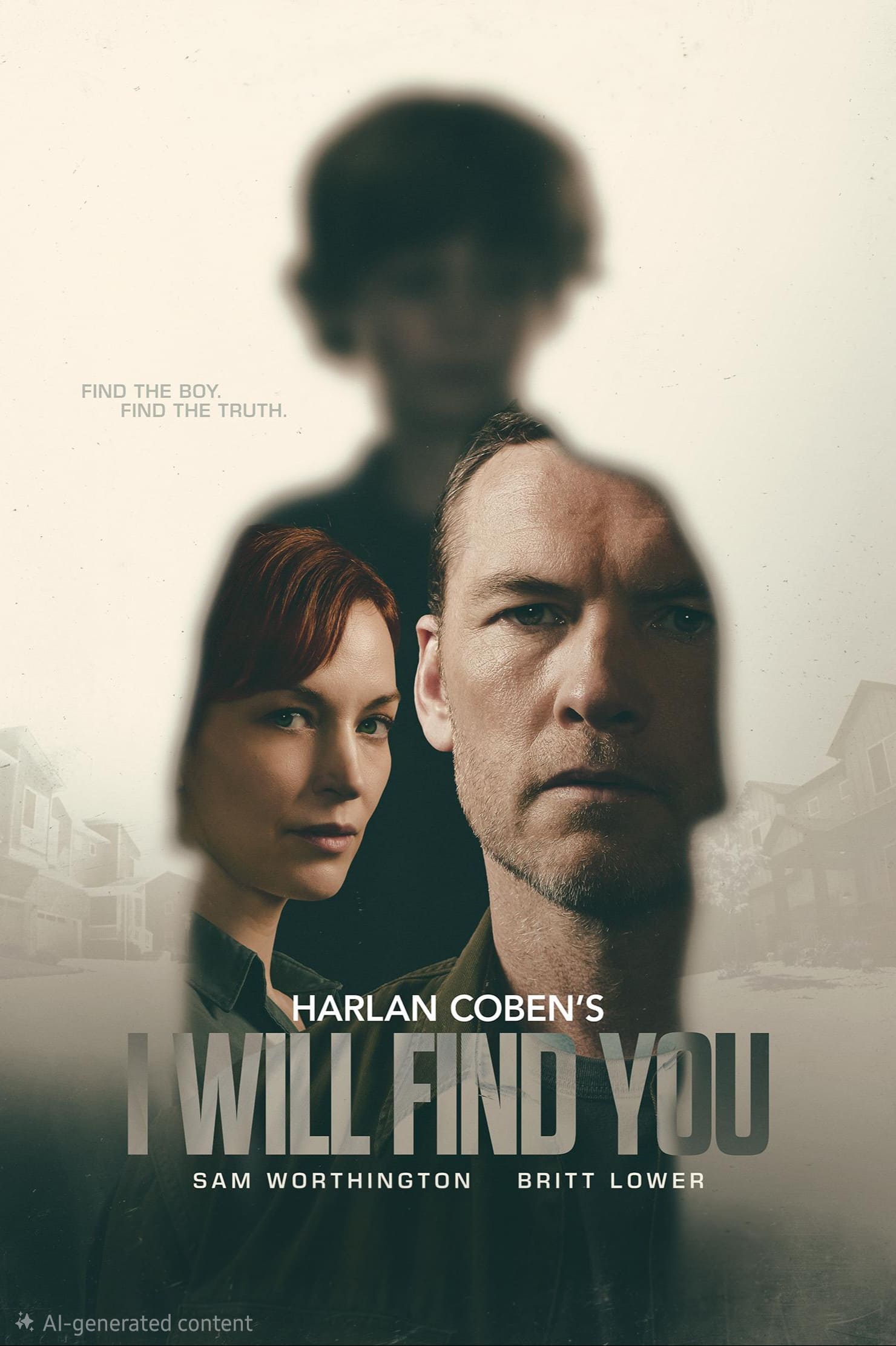 Movie poster for I Will Find You showing a man and woman’s faces inside the outline of a boy. Text reads “Find the boy. Find the truth.” Cast: Sam Worthington, Britt Lower. Background shows a faint street scene, evoking the suspense you'll experience when you purchase IPTV and watch gripping dramas like this from home.