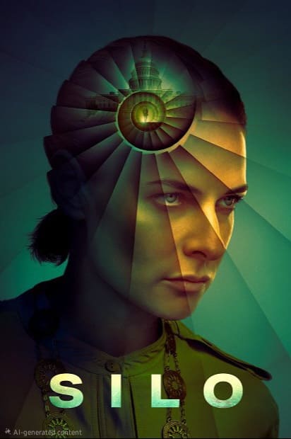 A woman with intense eyes is shown with the design of a spiral staircase overlaying her head. Rays of light radiate from the spiral, evoking a sense of discovery much like when you purchase IPTV for endless entertainment. The word SILO is at the bottom of the image.