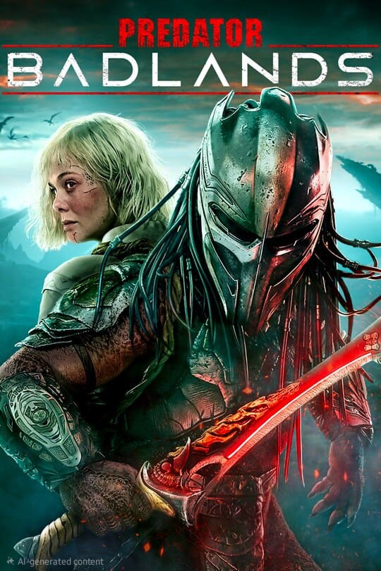 A woman with short blonde hair stands back-to-back with an armored alien holding a glowing red weapon. Snowy mountains and misty trees are in the background, creating a dramatic scene. The text Purchase IPTV: Predator Badlands appears at the top.