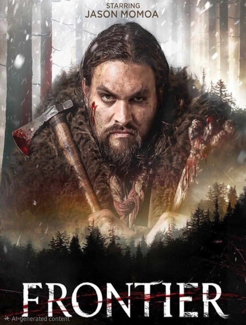 A man in fur clothing holding a bloody axe stares intensely against a snowy forest backdrop. Text above reads Starring Jason Momoa and at the bottom, Frontier. Stream this gripping tale with Purchase IPTV for an unparalleled viewing experience.