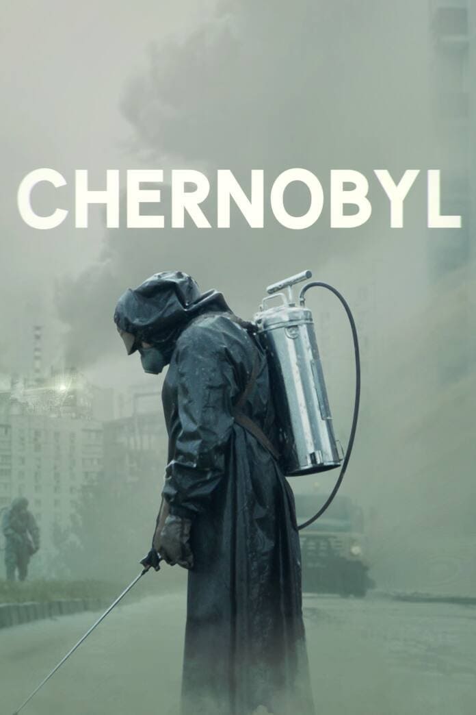 A person in protective gear with a spray canister stands in a foggy, desolate urban area. The word CHERNOBYL appears in large white letters at the top, evoking a haunting atmosphere reminiscent of disaster zones you might see featured on documentaries or series available when you purchase IPTV.
